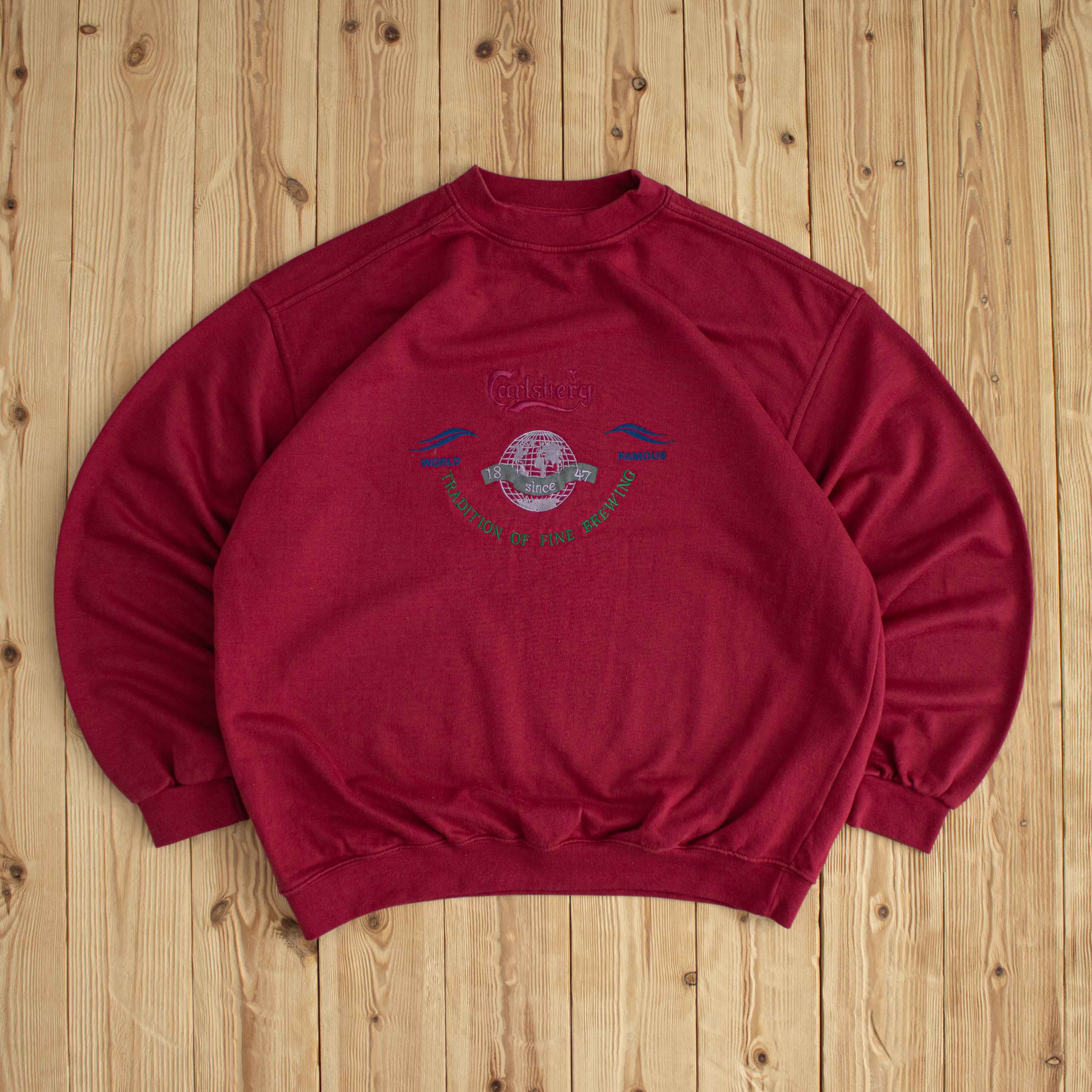 (L) Carlsberg Vintage Embroidered Sweatshirt Red Burgundy