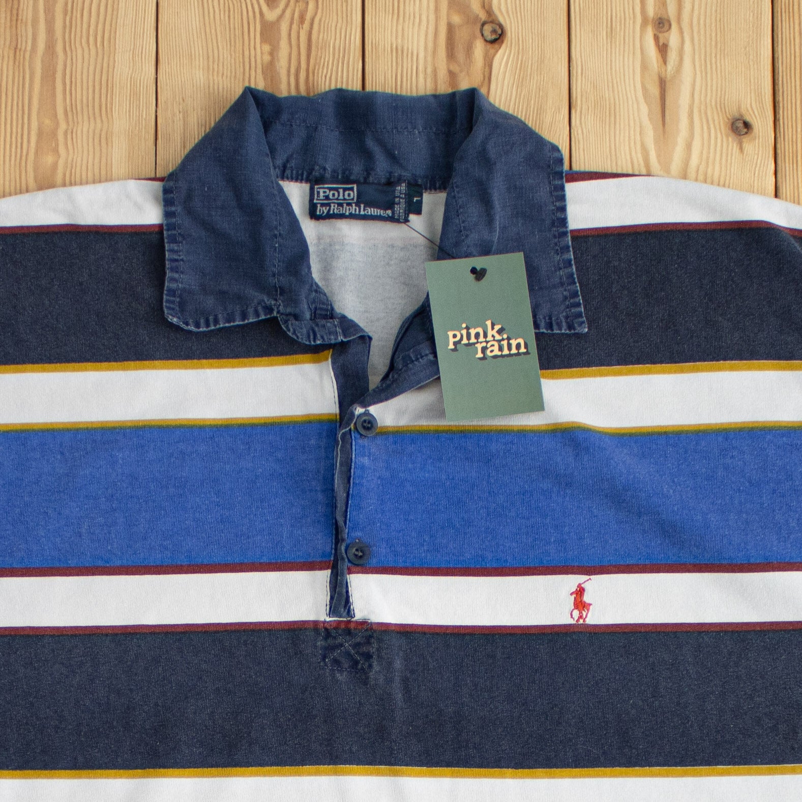 (L) Polo Ralph Lauren Vintage Embroidered Polo Striped Blue