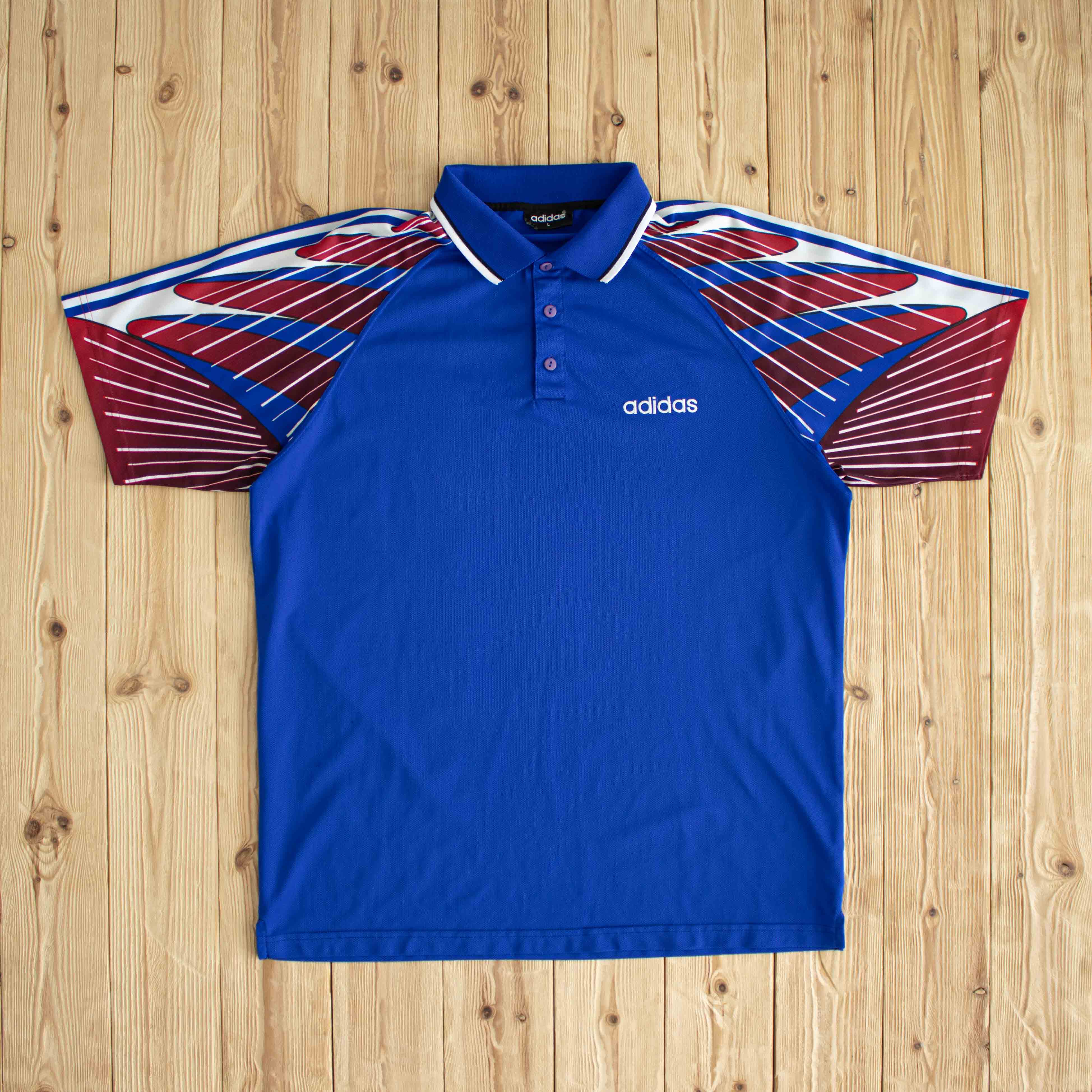 (L/XL) Adidas Vintage Embroidered Button Up Polo Blue