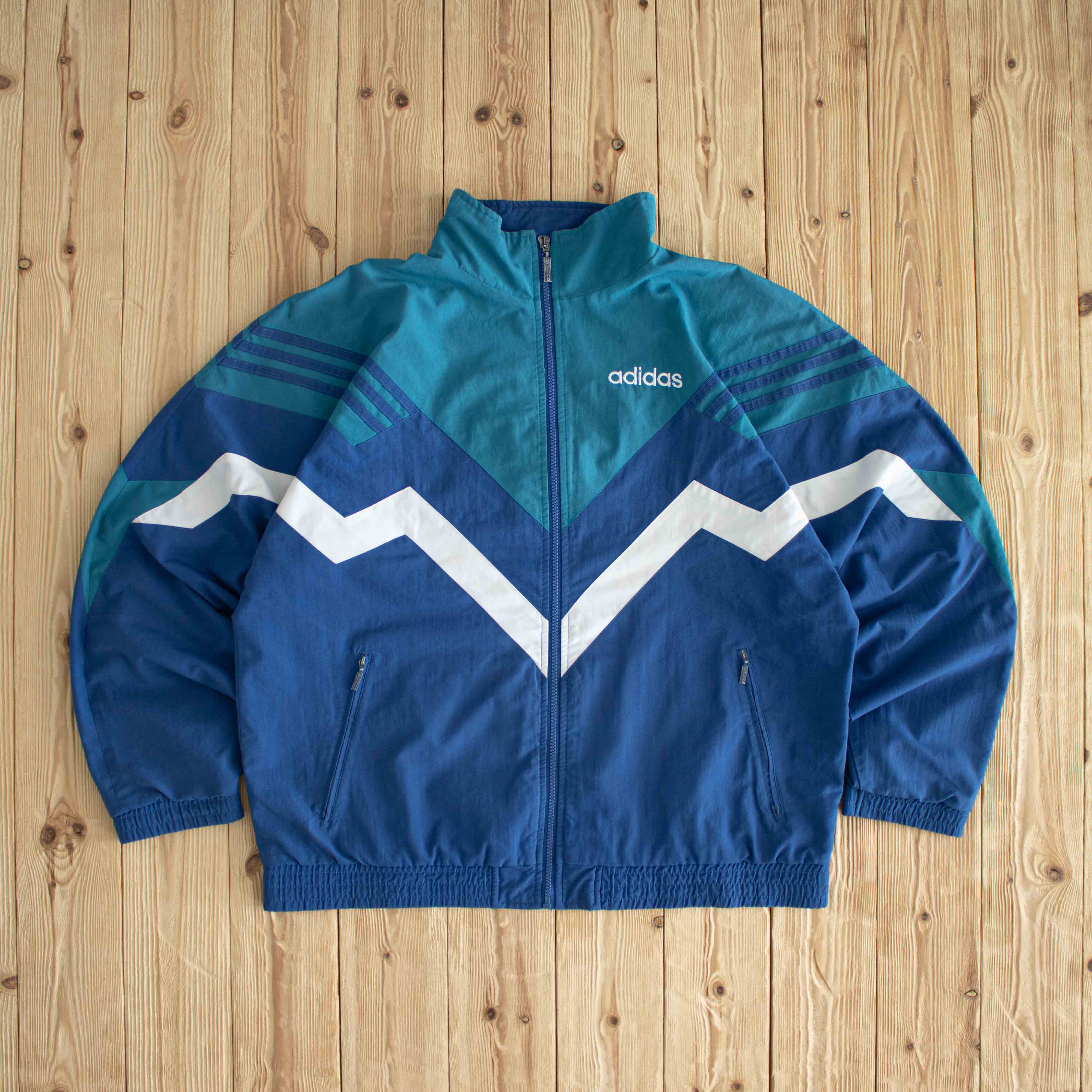 (L) Adidas Vintage Striped Embroidered Jacket Blue