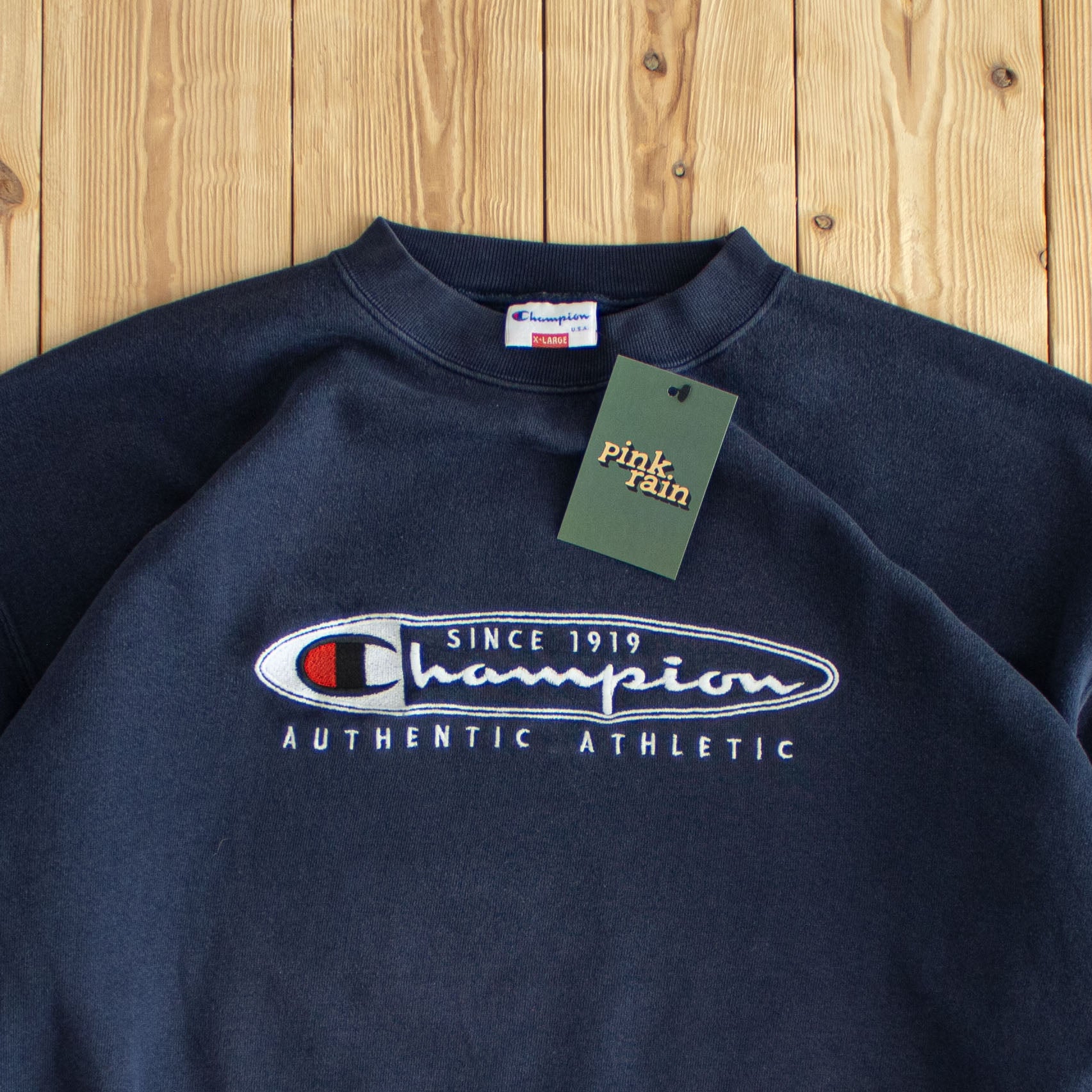 (L/XL) Champion Authentic Athletic Vintage Embroidered Sweatshirt Blue