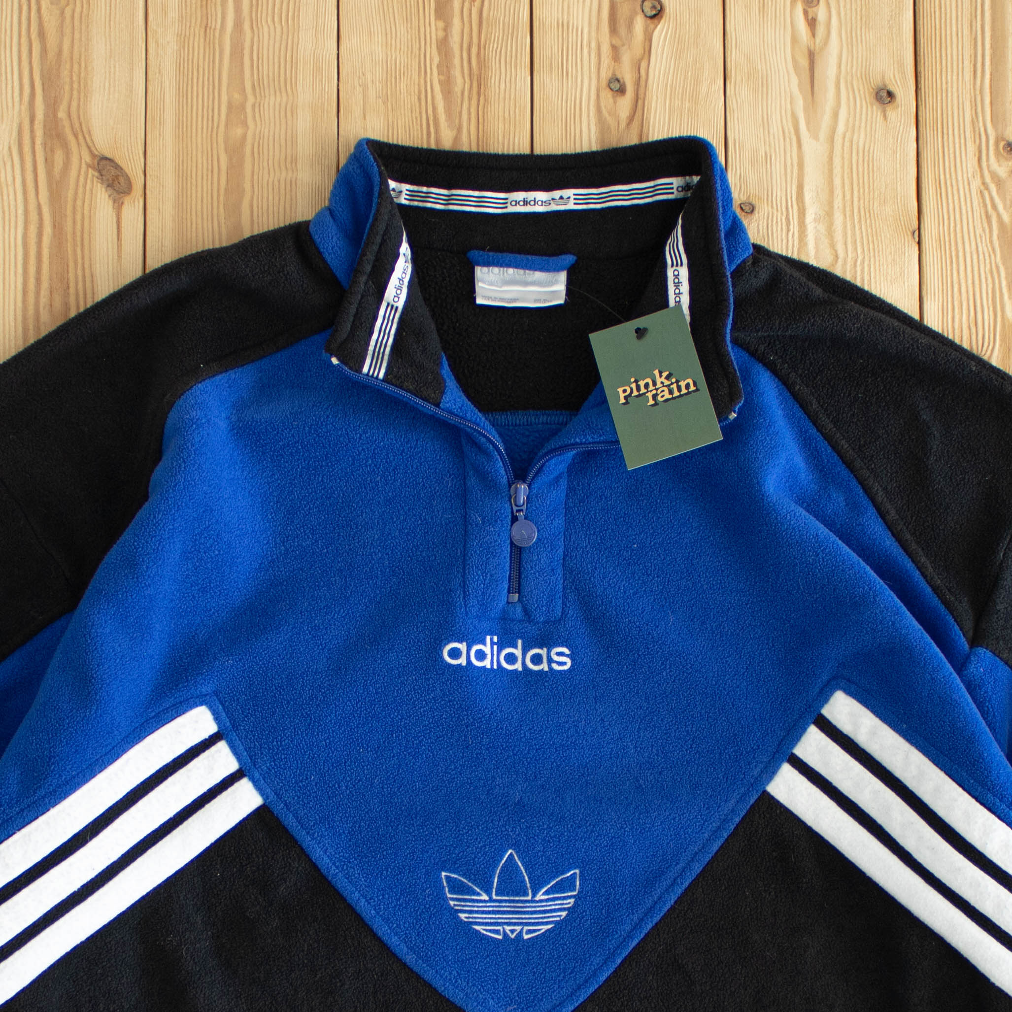 (XL) Adidas Vintage Embroidered Fleece Quarter-Zip Black Blue