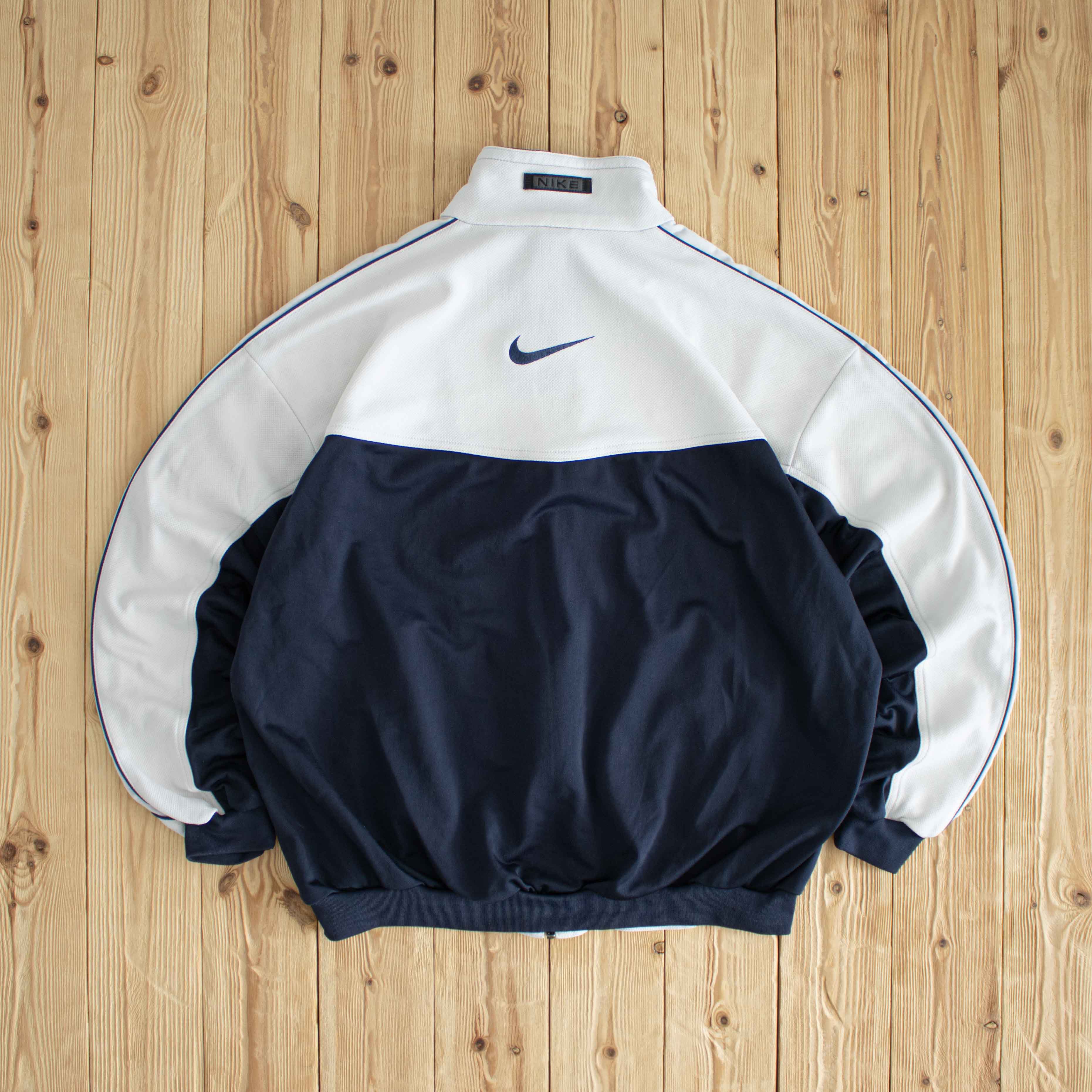 (L) Nike Back Swoosh Vintage Embroidered Full-Zip Sweatshirt White Blue