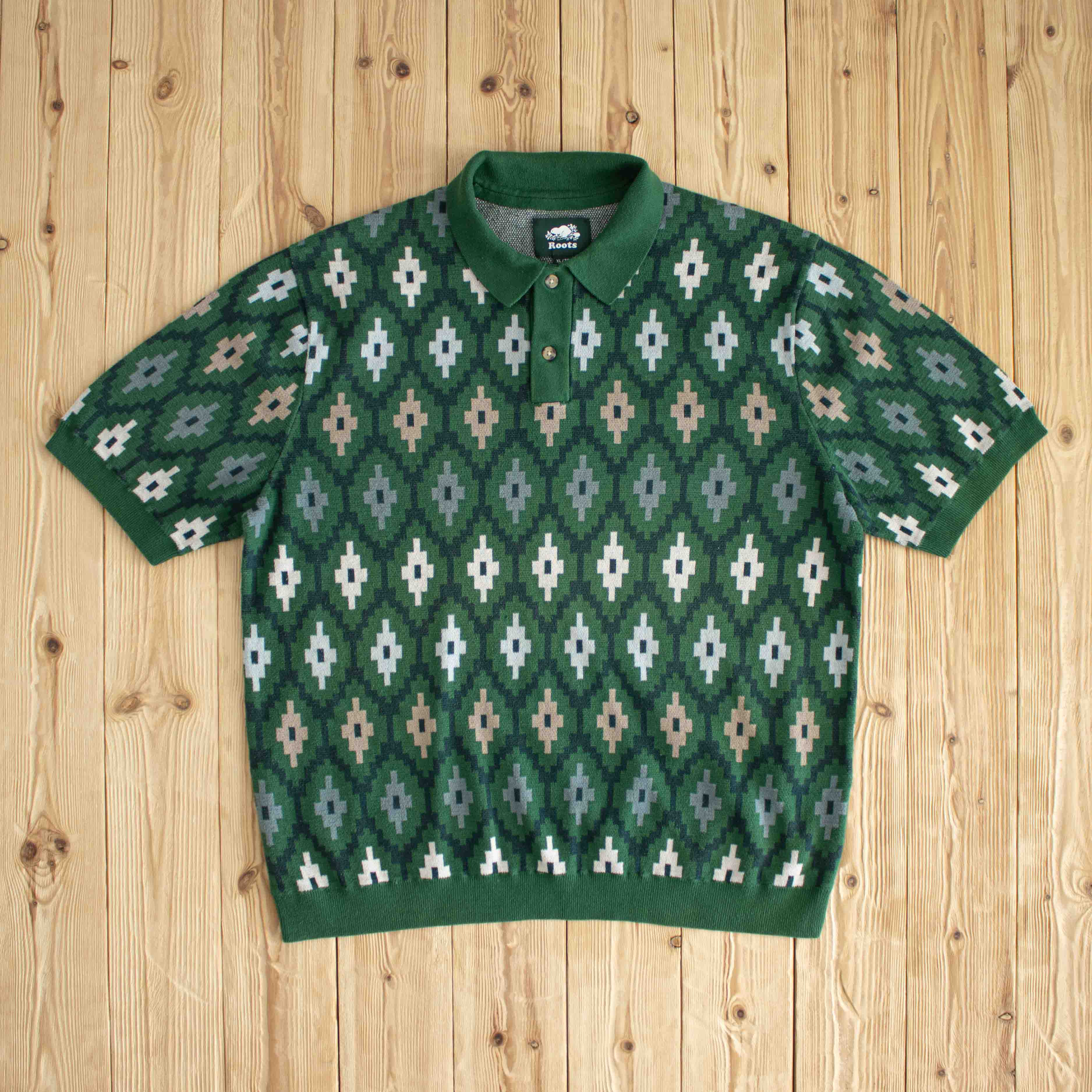 (L) Roots Knit Vintage Button Up Polo Shirt Green