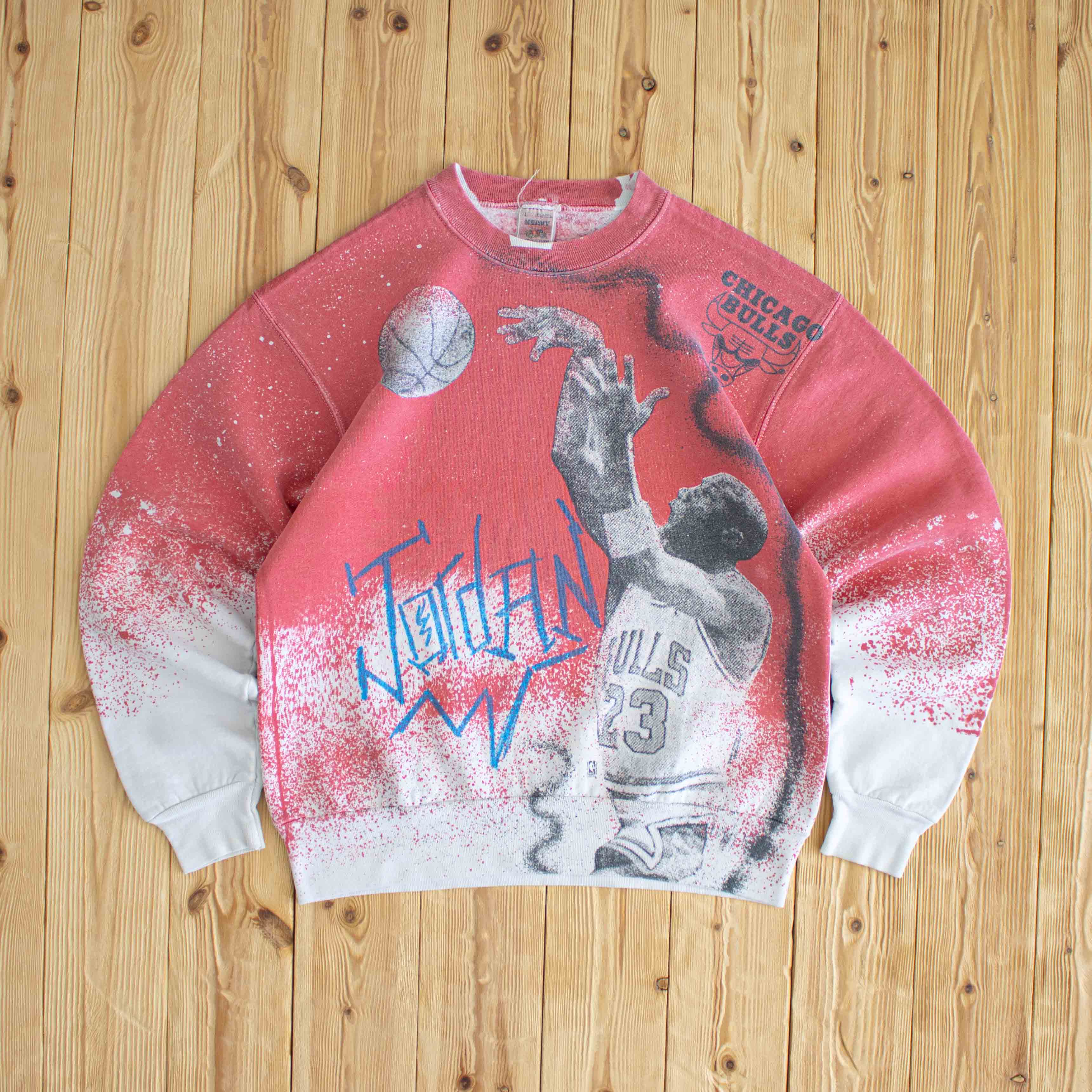 (M) Michael Jordan Chicago Bulls Vintage All Over Print Sweatshirt Pink White