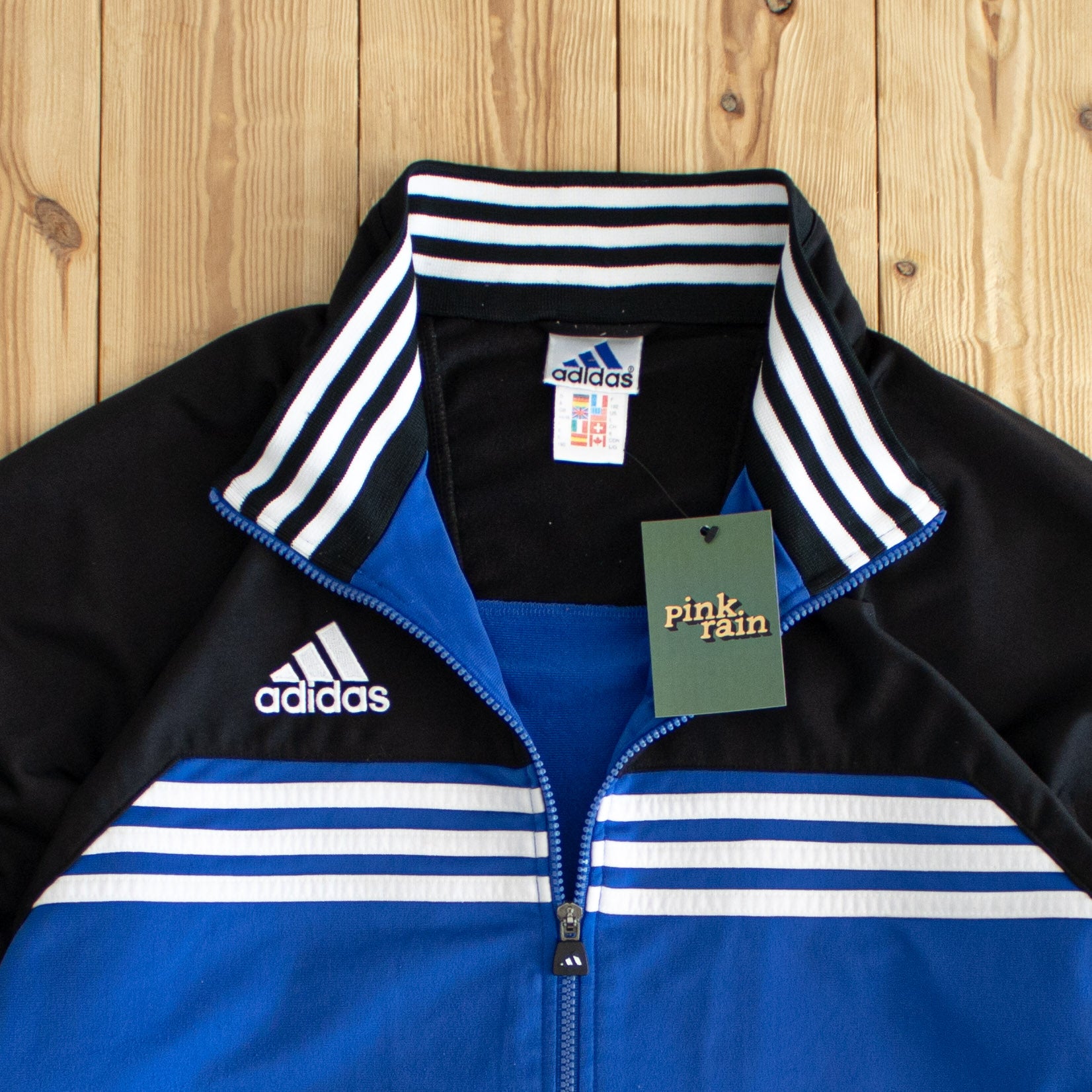 (L/XL) Adidas Vintage Embroidered Full-Zip Sweatshirt Black Blue