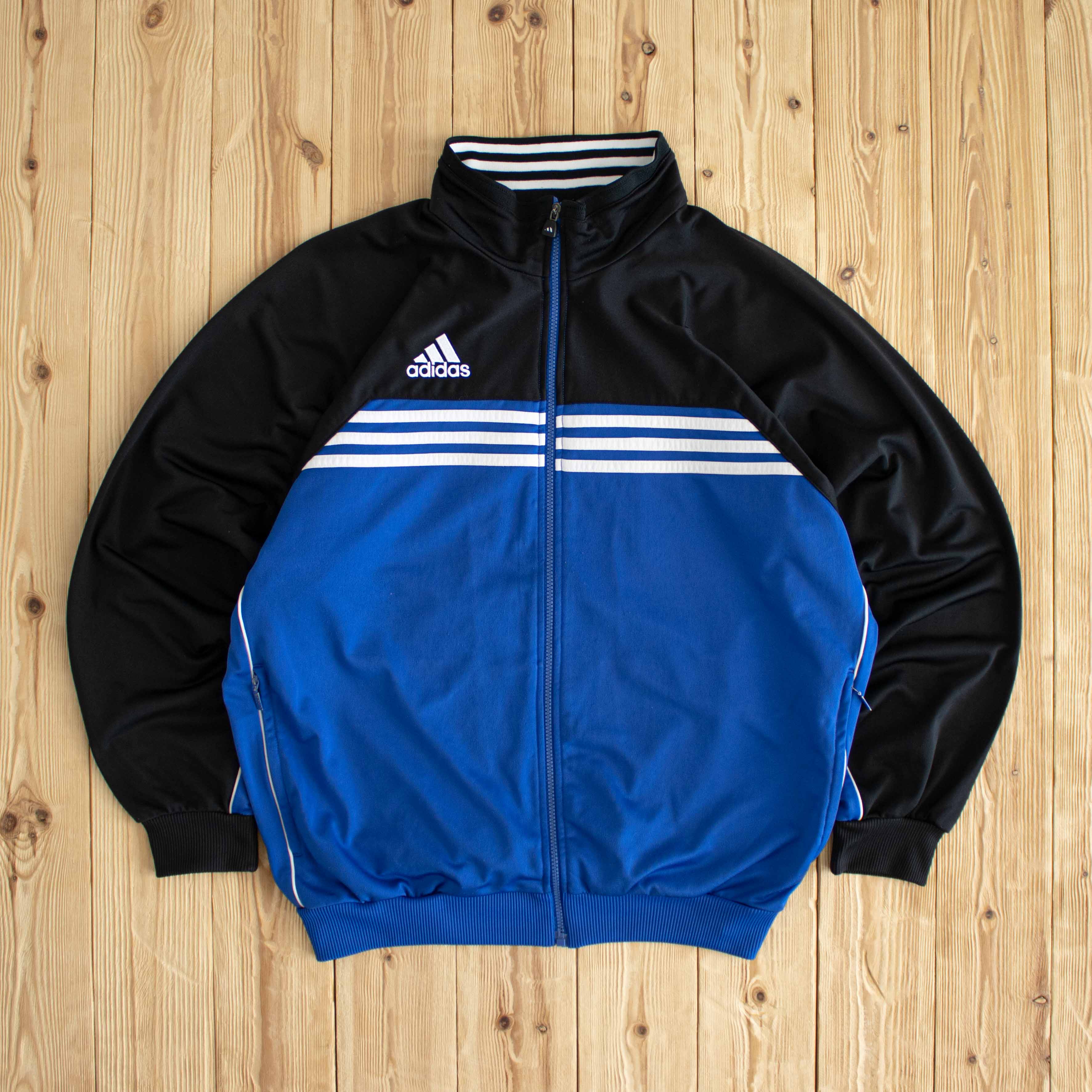 (L/XL) Adidas Vintage Embroidered Full-Zip Sweatshirt Black Blue