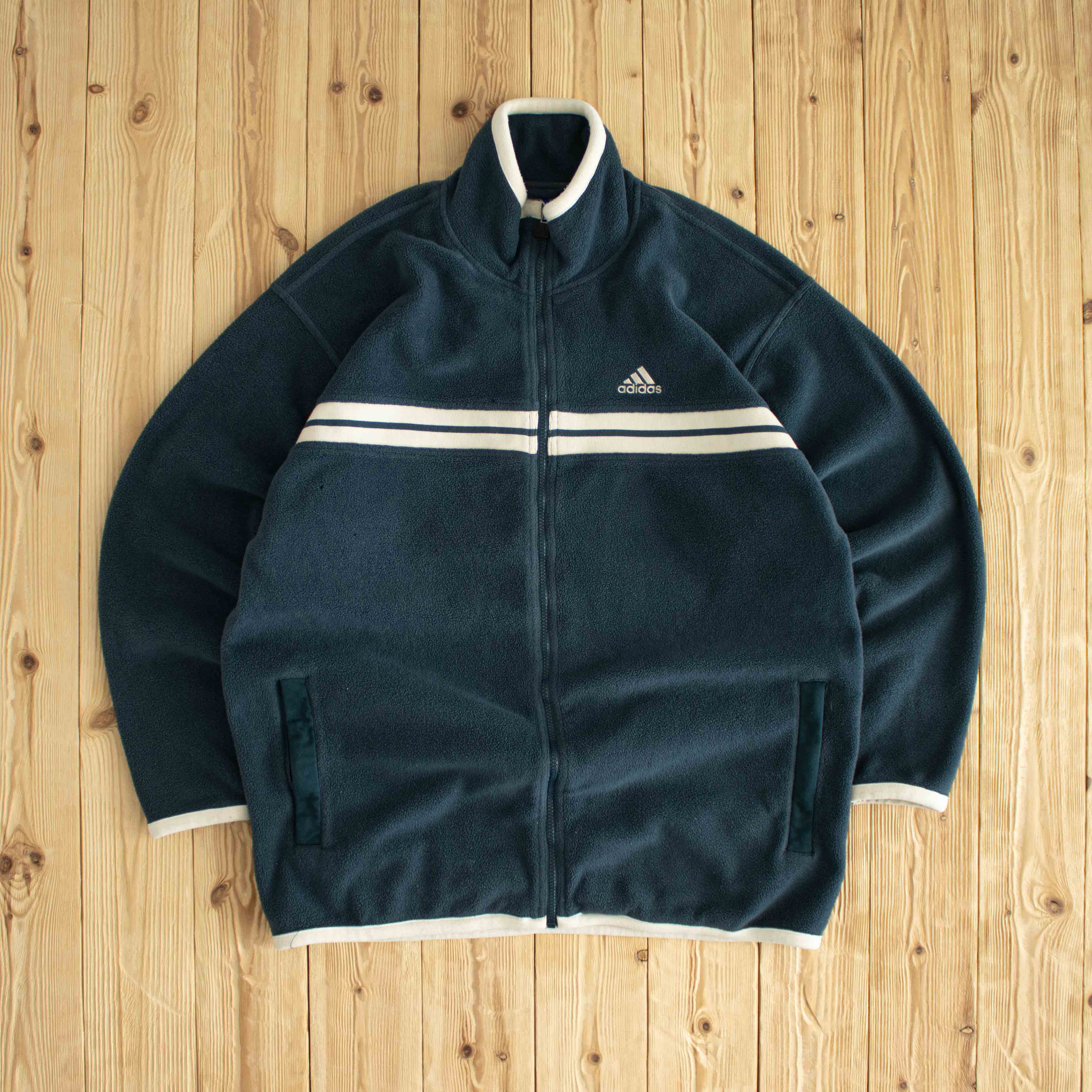 (L/XL) Adidas Vintage Embroidered Full-Zip Fleece Sweatshirt Blue