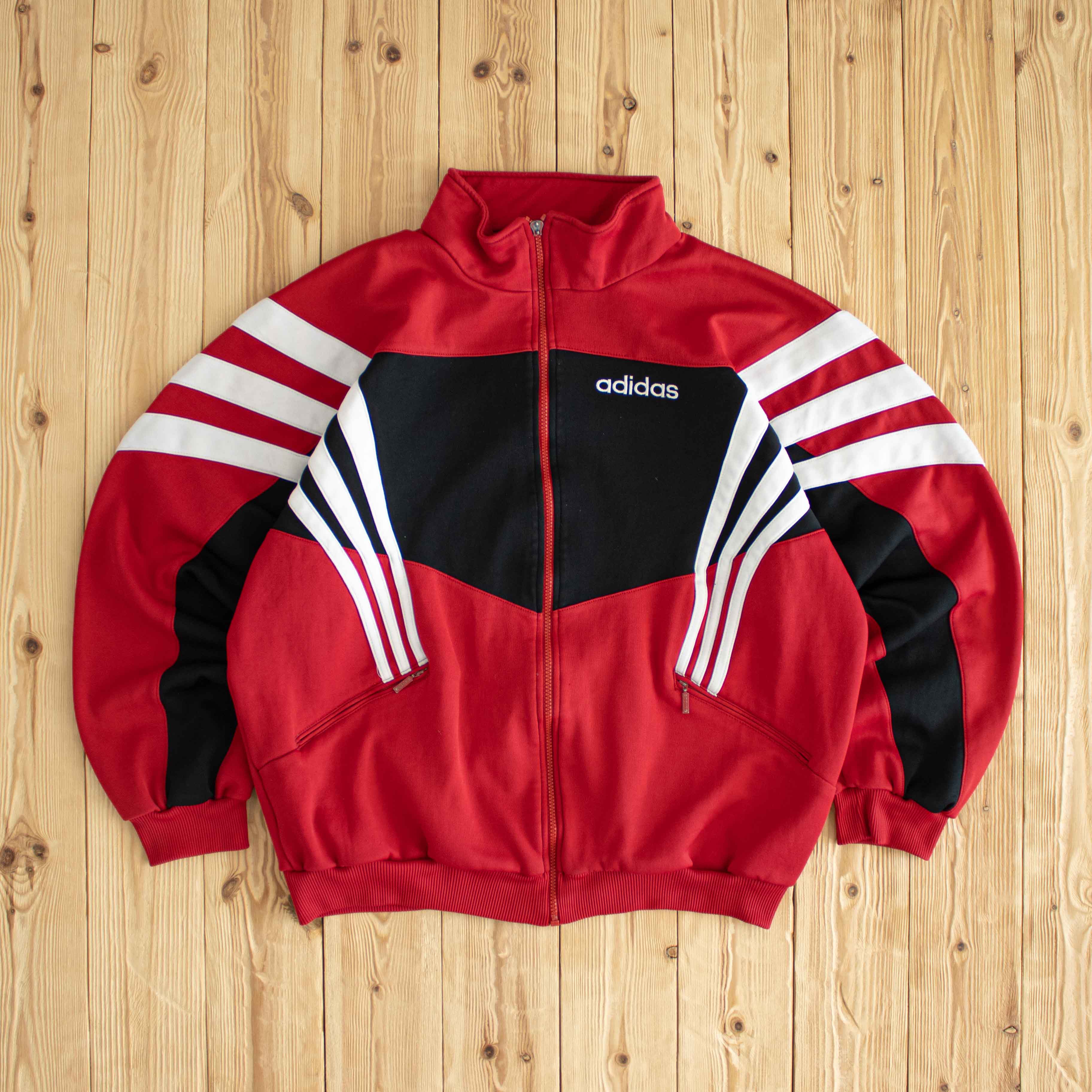 (L/XL) Adidas Vintage Embroidered Full-Zip Sweatshirt Red