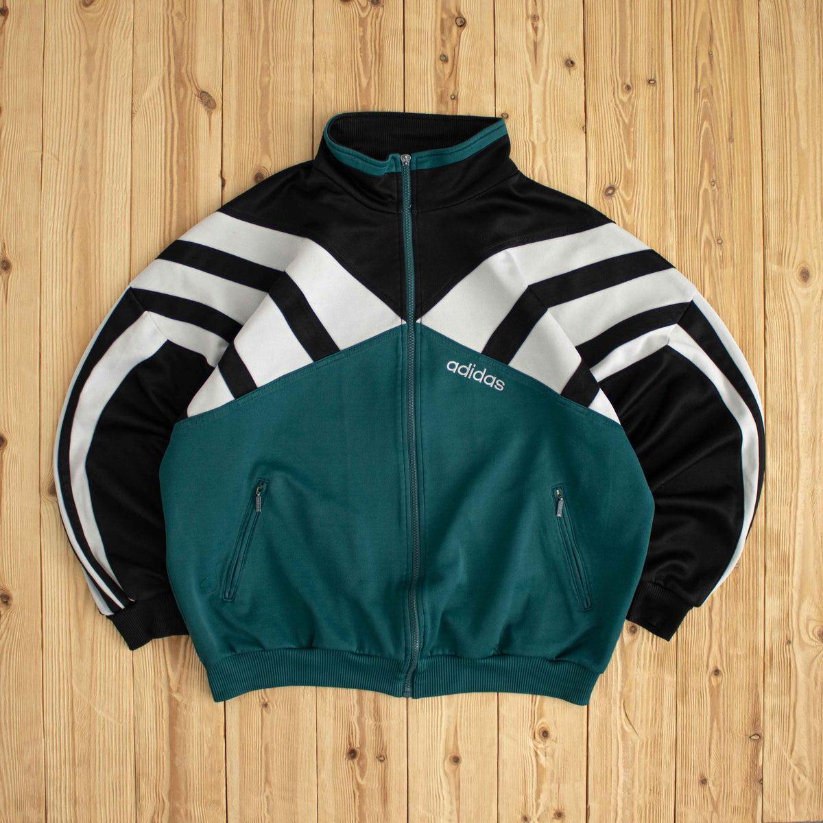 (L) Adidas Side Striped Vintage Embroidered Full-Zip Sweatshirt Green Black