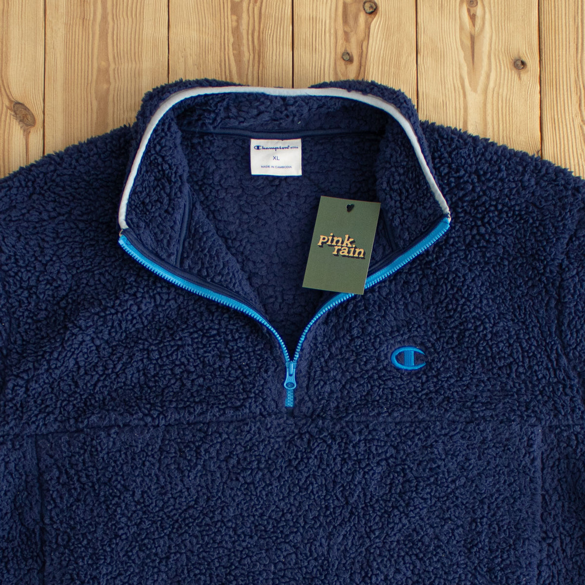 (M) Champion Embroidered Fleece Quarter-Zip Jacket Blue