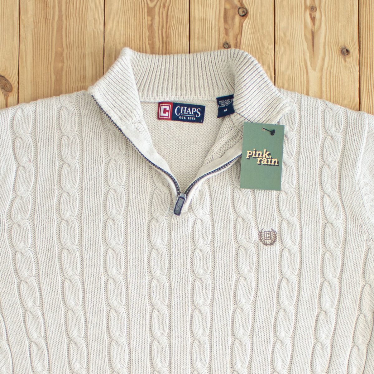 (M) Chaps Ralph Lauren Vintage Embroidered Quarter-Zip Sweater Beige