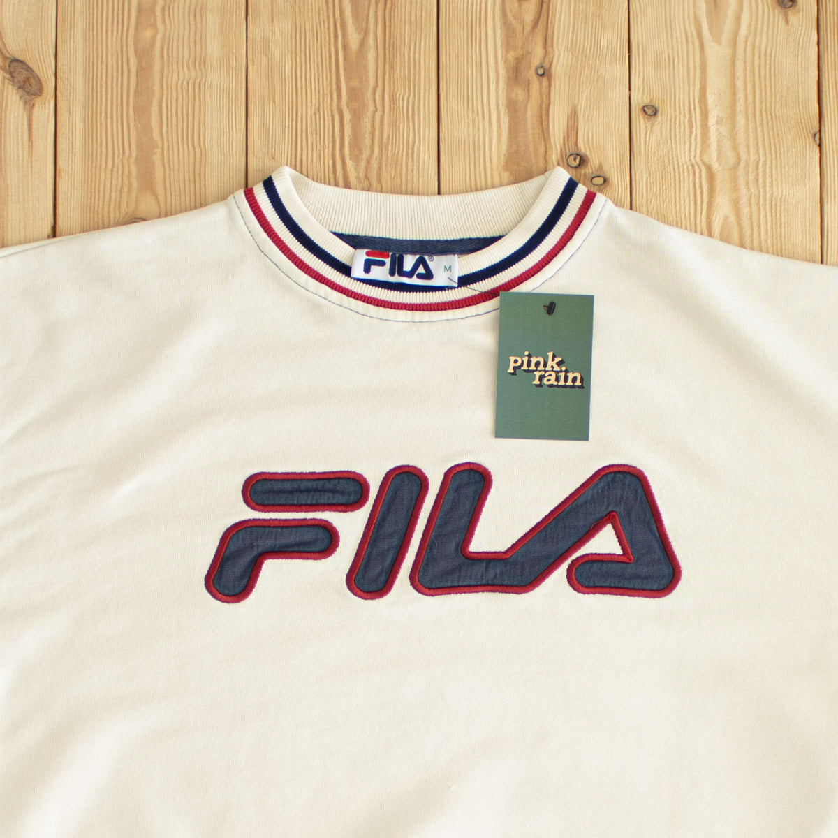 (M) Fila Spell Out Vintage Embroidered Sweatshirt Beige