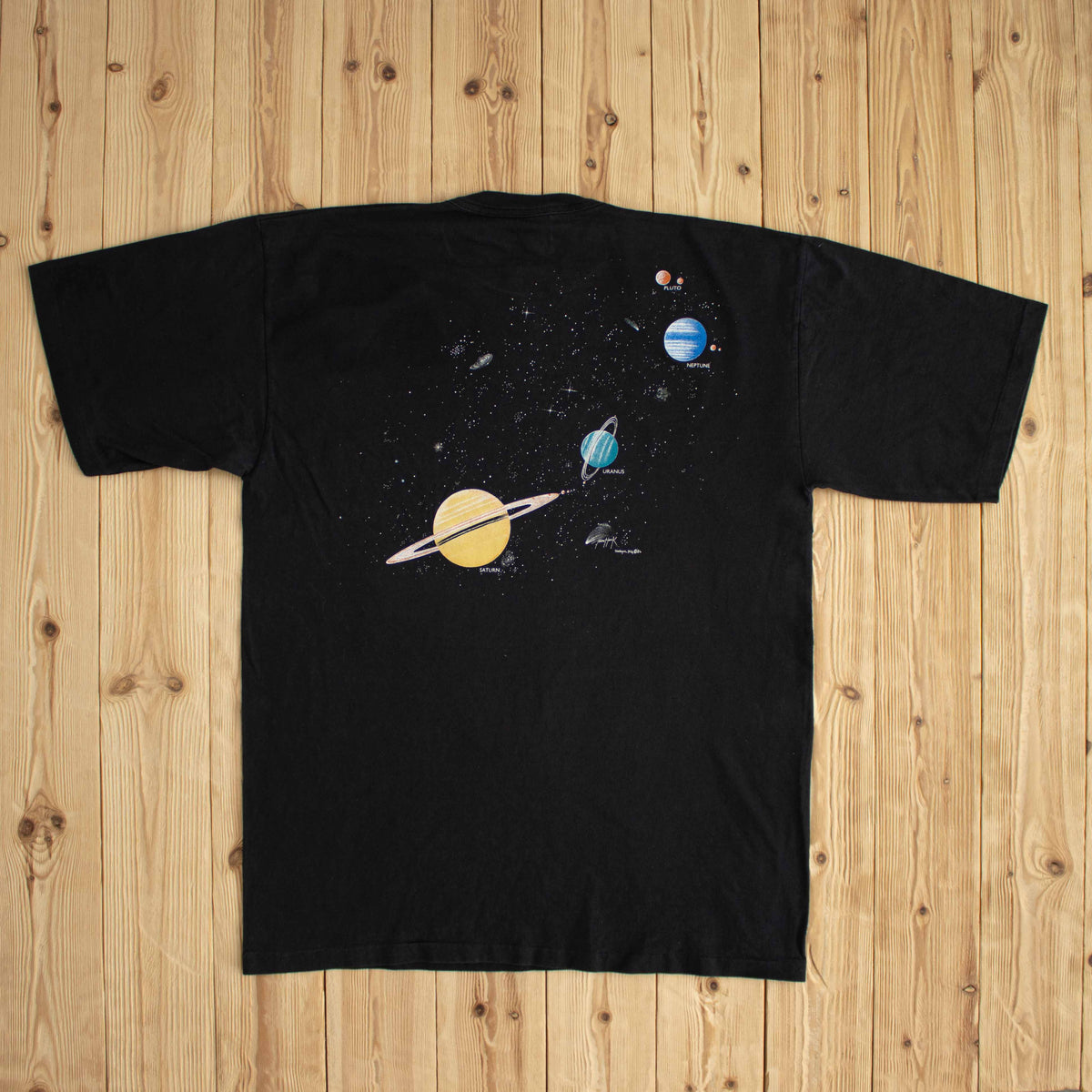 (L/XL) 1986 Harlequin 'The Solar System' Double Sided Vintage Single Stitch T-Shirt Black