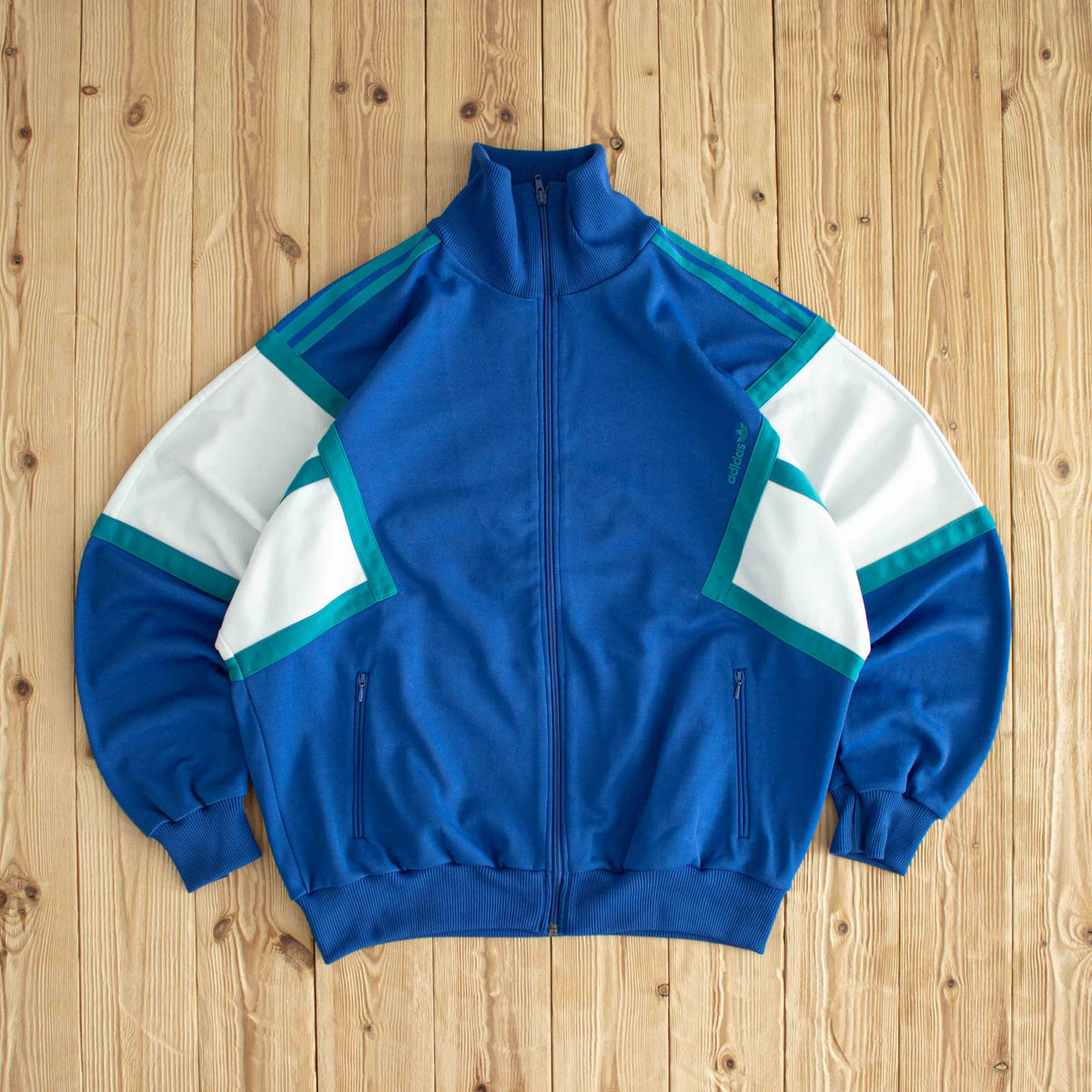 (L/XL) Adidas Vintage Embroidered Full-Zip Sweatshirt Blue