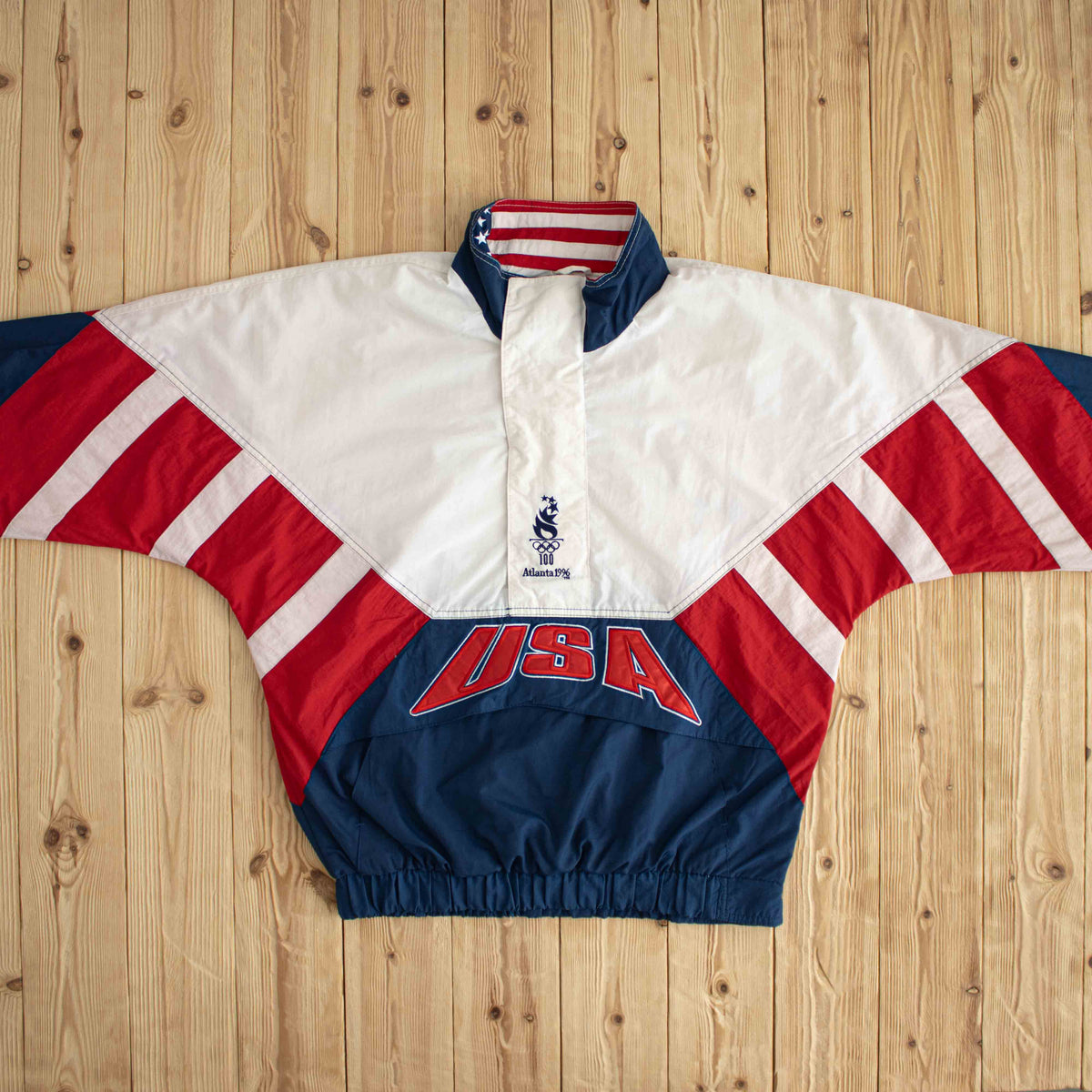 (M/L) Starter 1996 Atlanta Olympics USA Team Vintage Embroidered Jacket White Red Blue