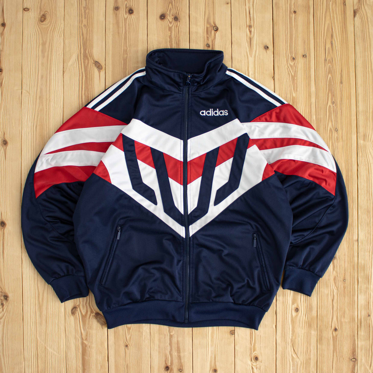 (L) Adidas Vintage Embroidered Full-Zip Sweatshirt Blue