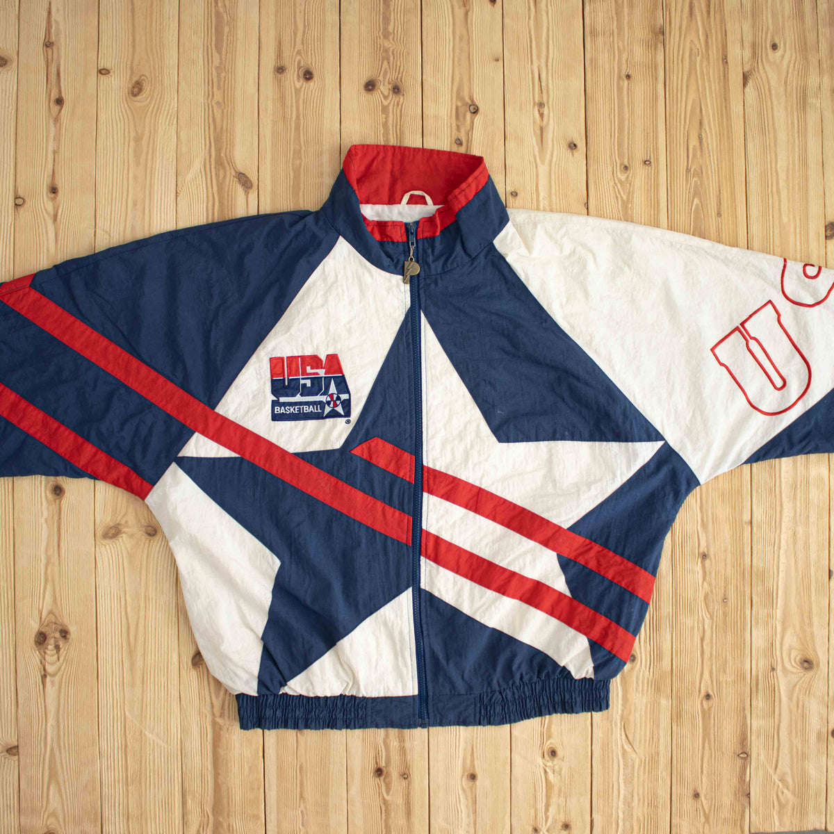 (L/XL) 1995 Pro Player USA Basketball Team Vintage Embroidered Jacket Red White Blue