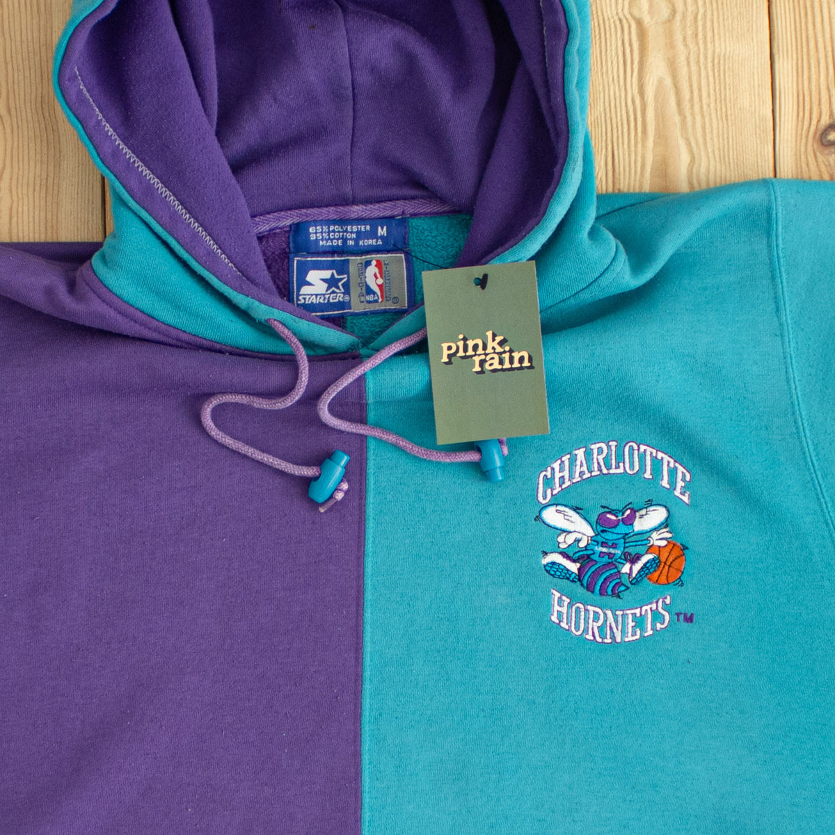 (L) Starter Charlotte Hornets Vintage Embroidered Hoodie Purple Blue