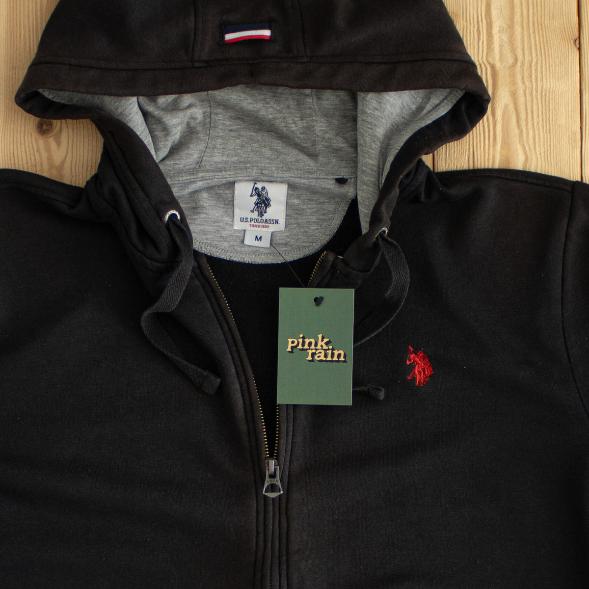 (M/L) U.S Polo Assn. Vintage Embroidered Full-Zip Hoodie Black