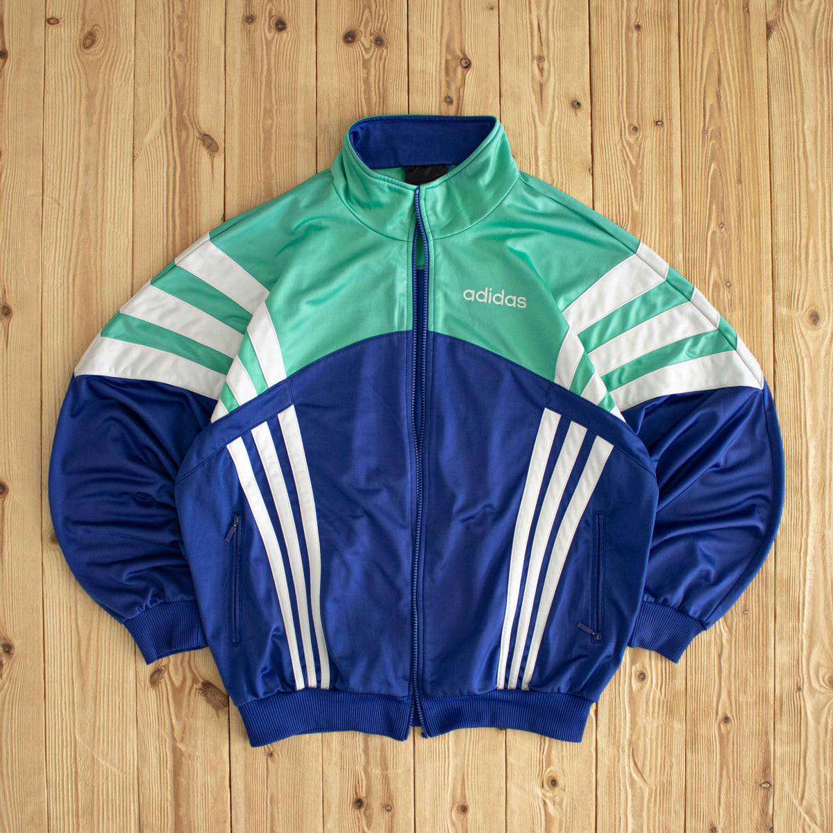 (L) Adidas Vintage Side Striped Embroidered Full-Zip Sweatshirt Blue