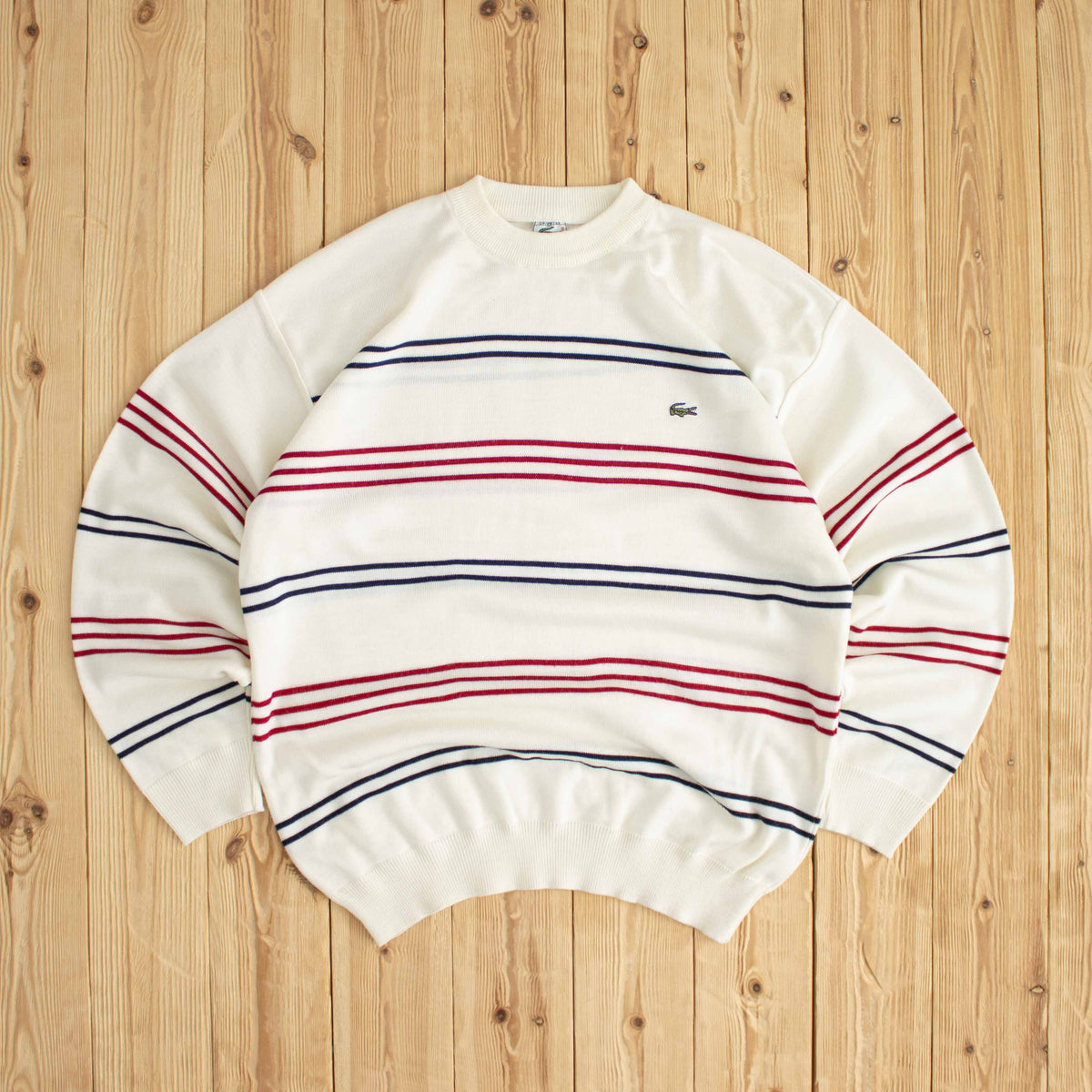 (L) Lacoste Vintage Embroidered Striped Light Sweater Beige