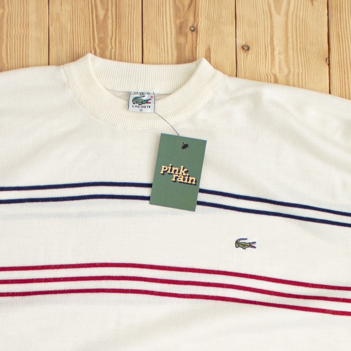 (L) Lacoste Vintage Embroidered Striped Light Sweater Beige