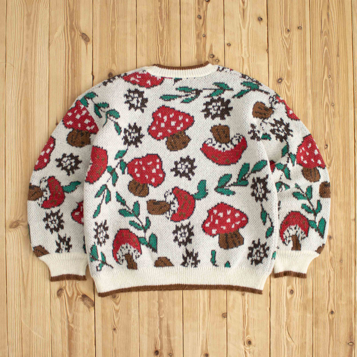 (S) Mushrooms Patterned Cute Sweater Beige