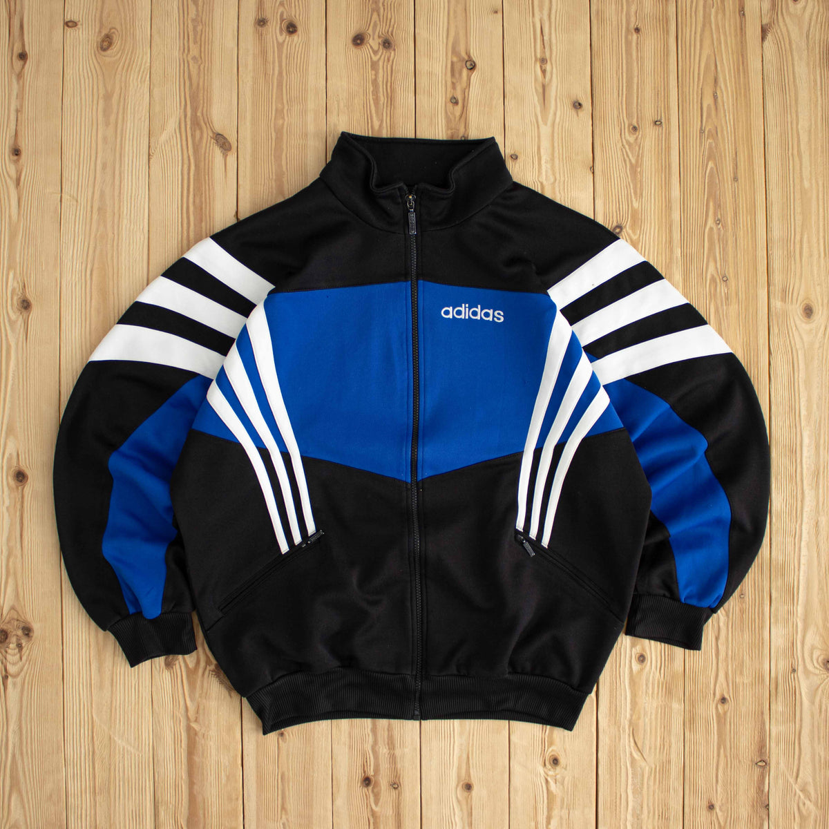 (L) Adidas Side Striped Vintage Embroidered Full-Zip Sweatshirt Black Blue