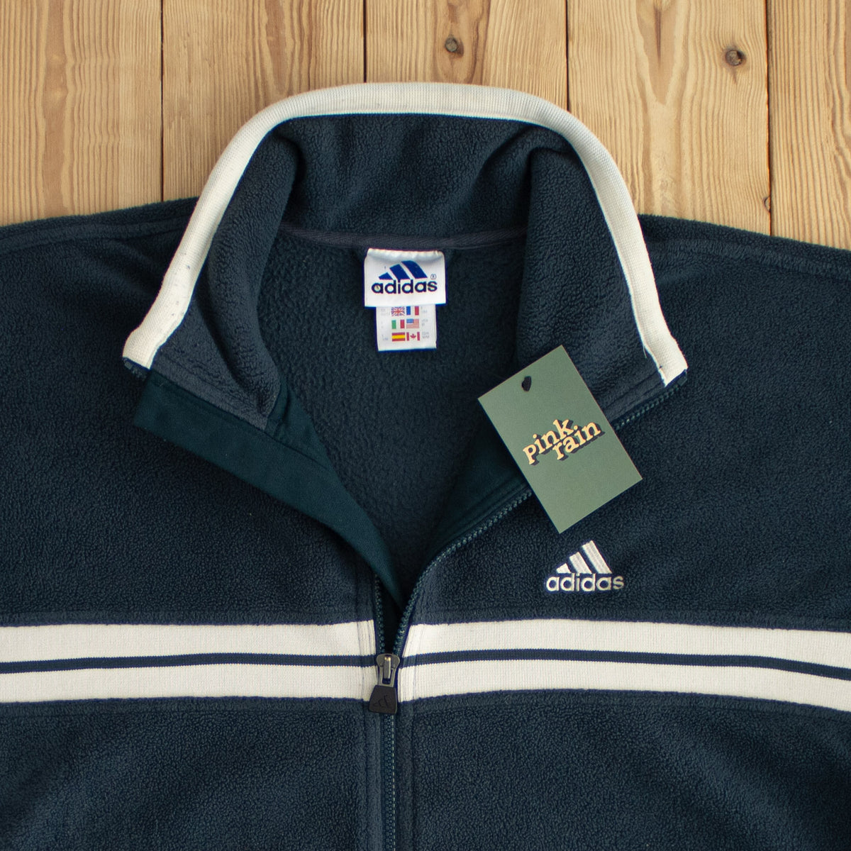 (L) Adidas Vintage Essential Embroidered Fleece Full-Zip Sweatshirt Blue