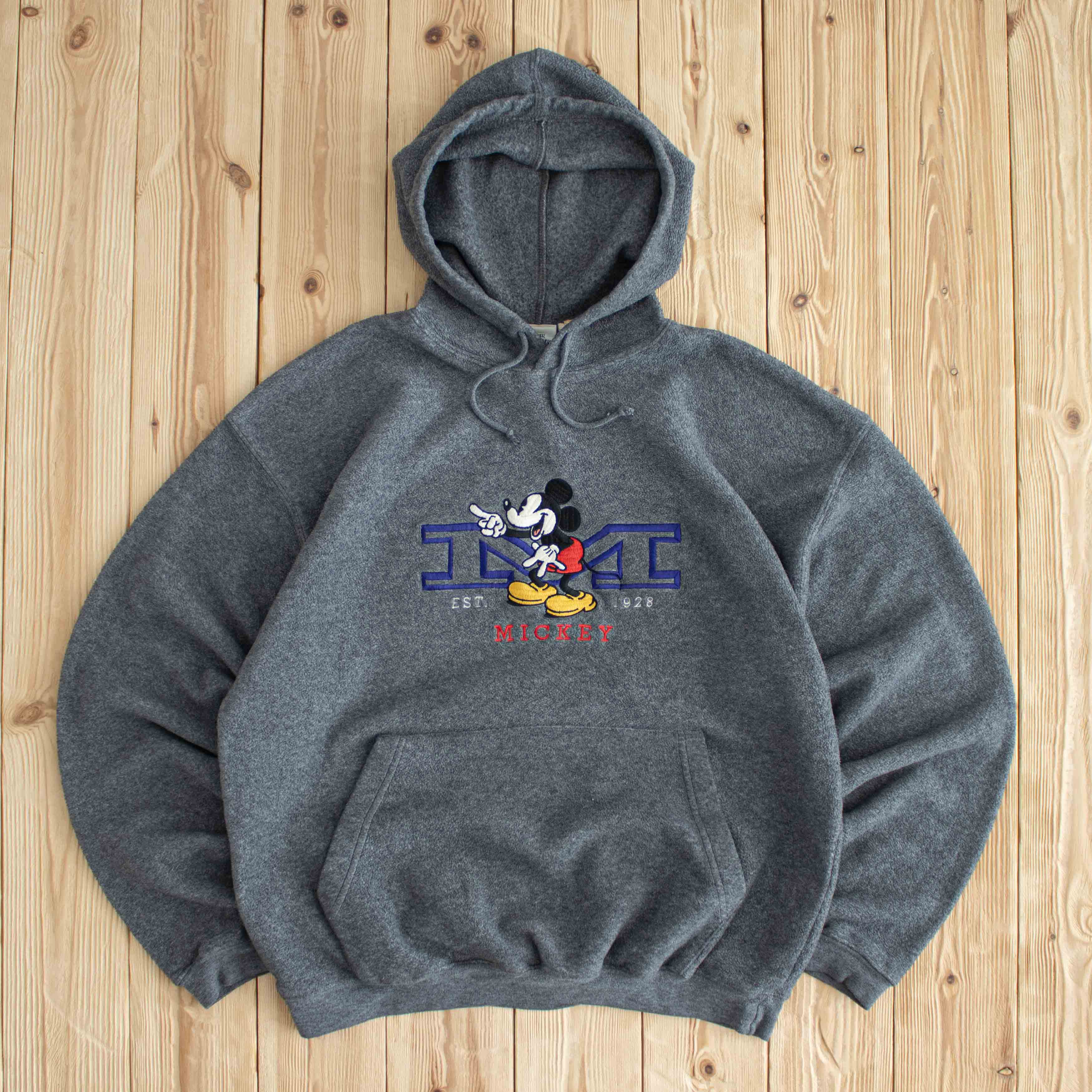 (M) Disney Vintage Mickey Mouse Embroidered Fleece Hoodie Gray