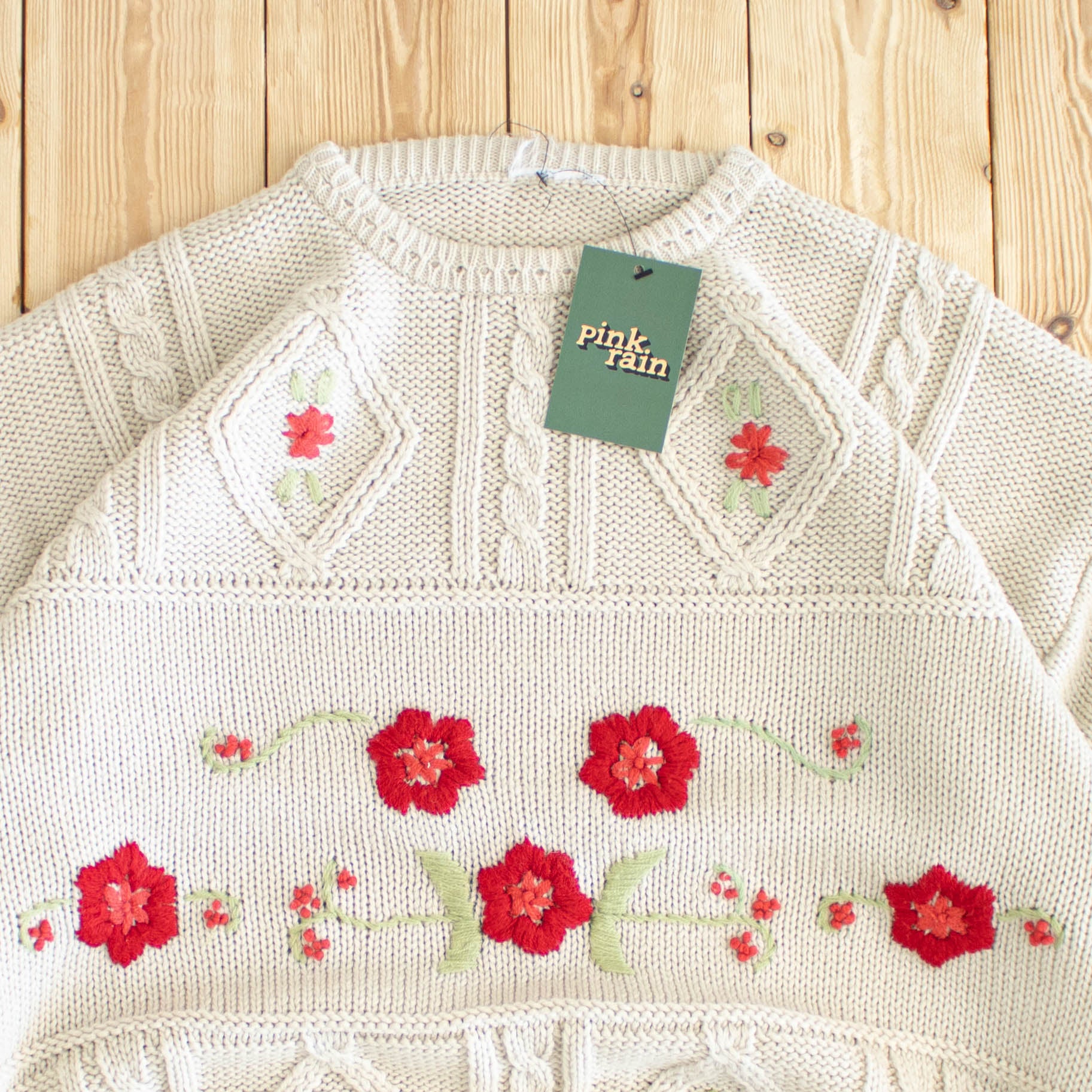 (M) Flowers Vintage Embroidered Sweater Beige