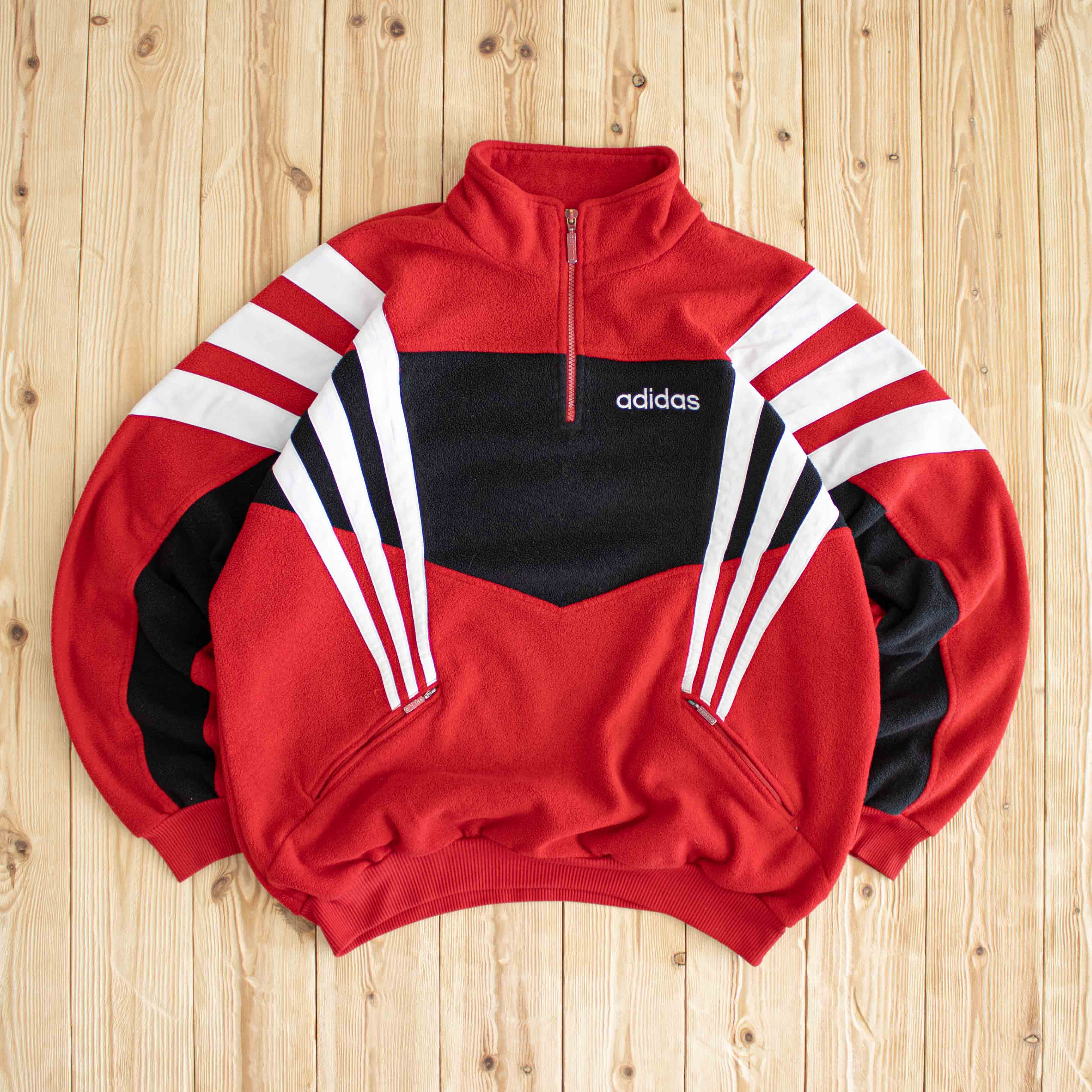 (L/XL) Adidas Vintage Side Stripe Embroidered Full-Zip Fleece Quarter-Zip Red