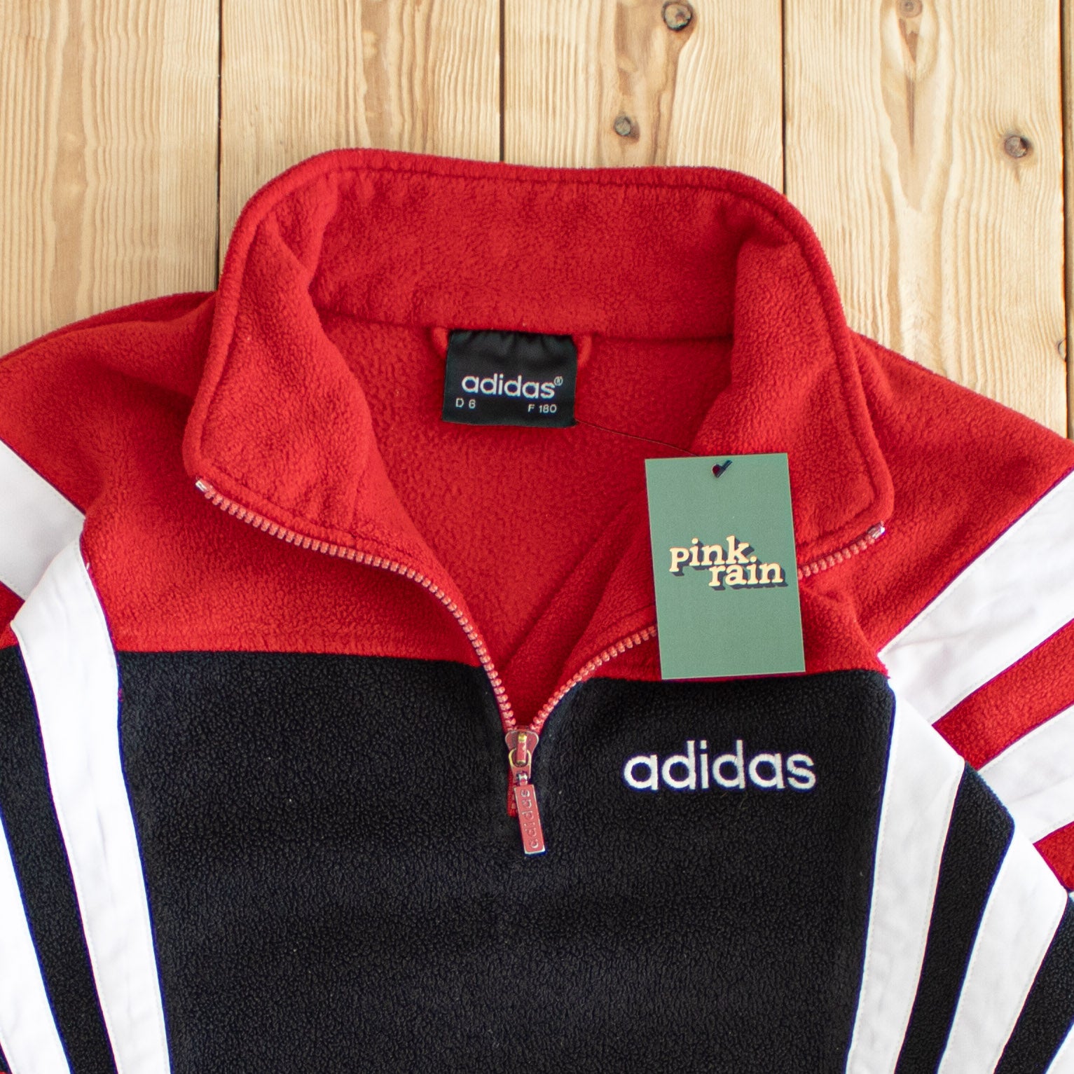 (L/XL) Adidas Vintage Side Stripe Embroidered Full-Zip Fleece Quarter-Zip Red