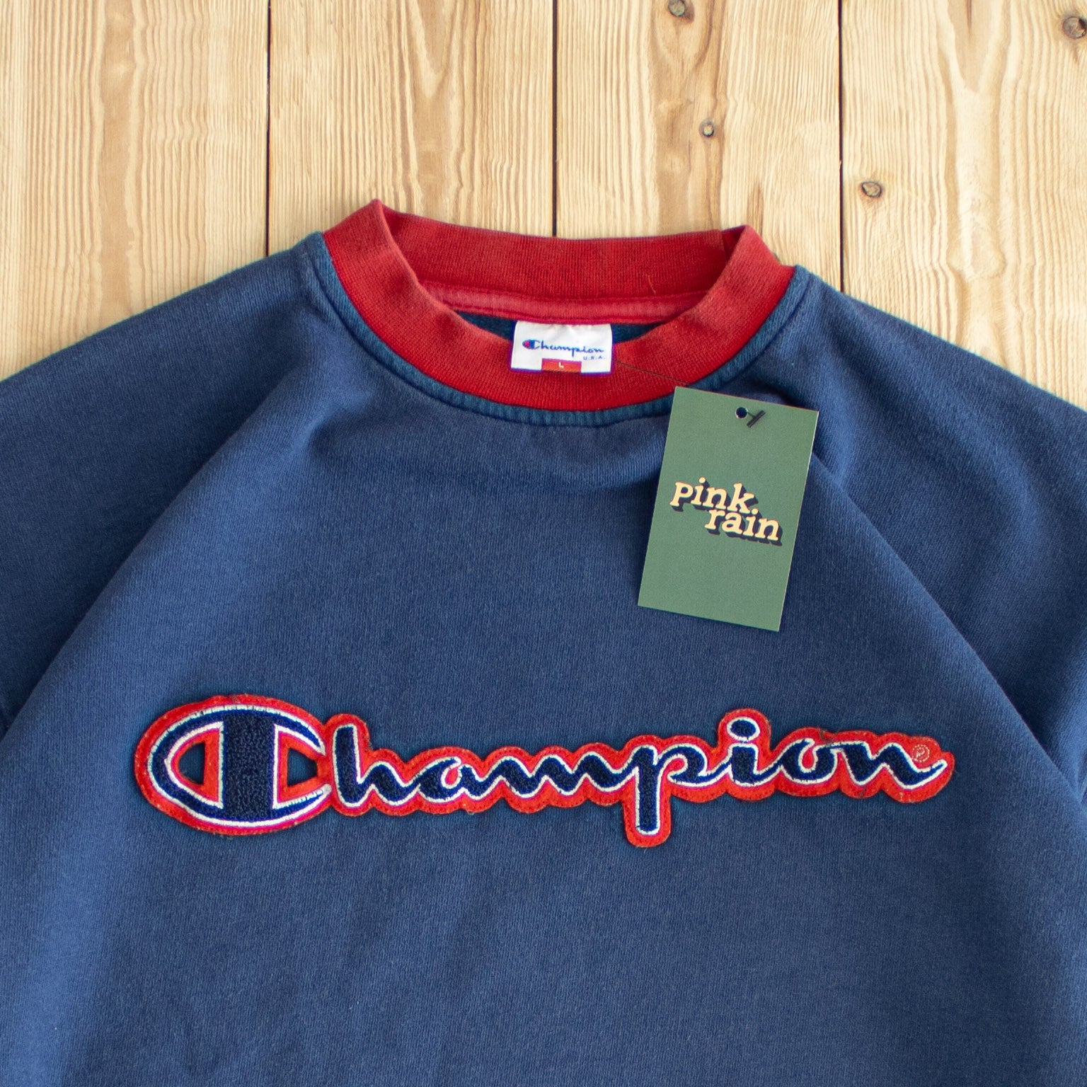 (M) Champion Vintage Spell Out Fluffy Embroidered Sweatshirt Blue