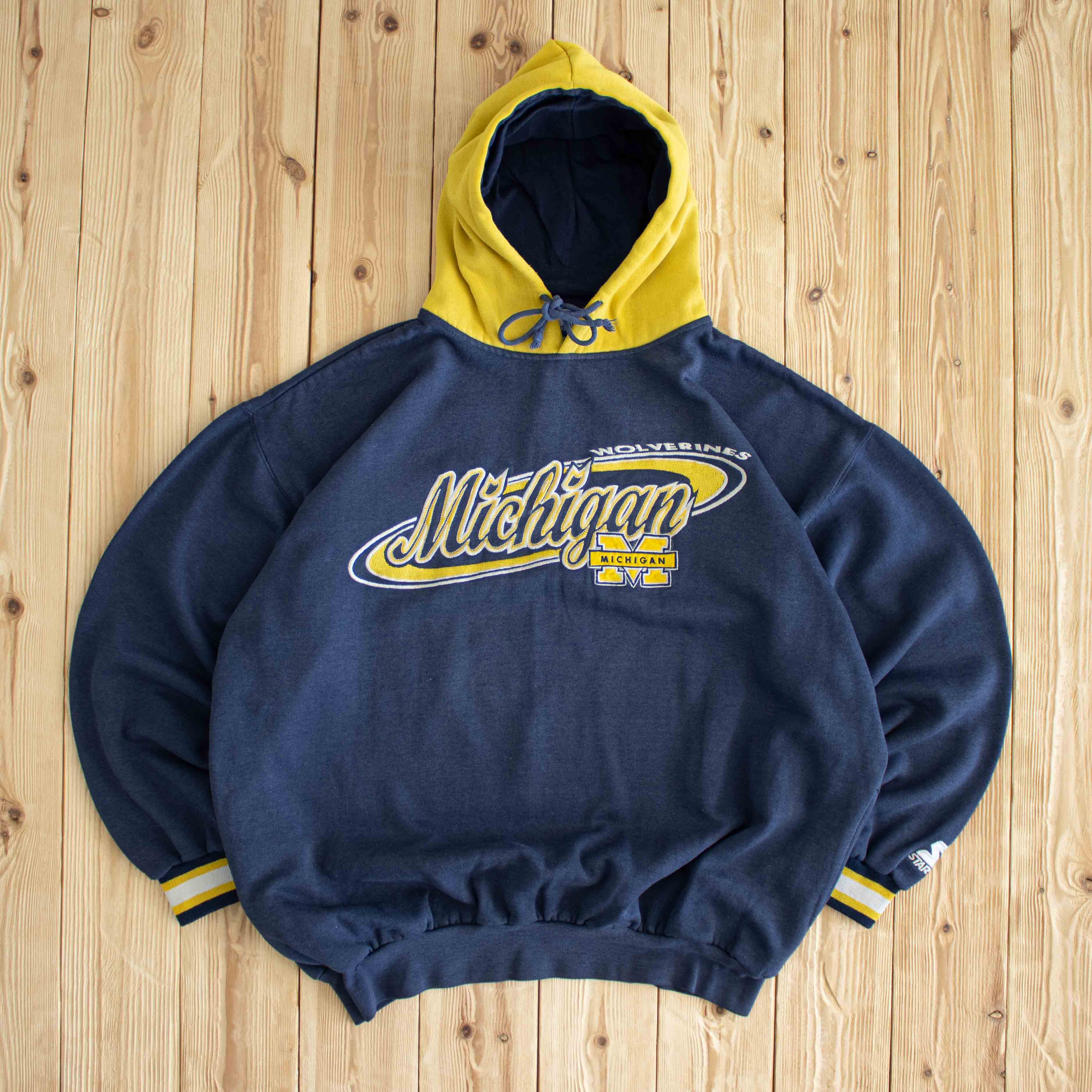 (L/XL) Starter Michigan Wolverines Vintage Embroidered Hoodie Blue
