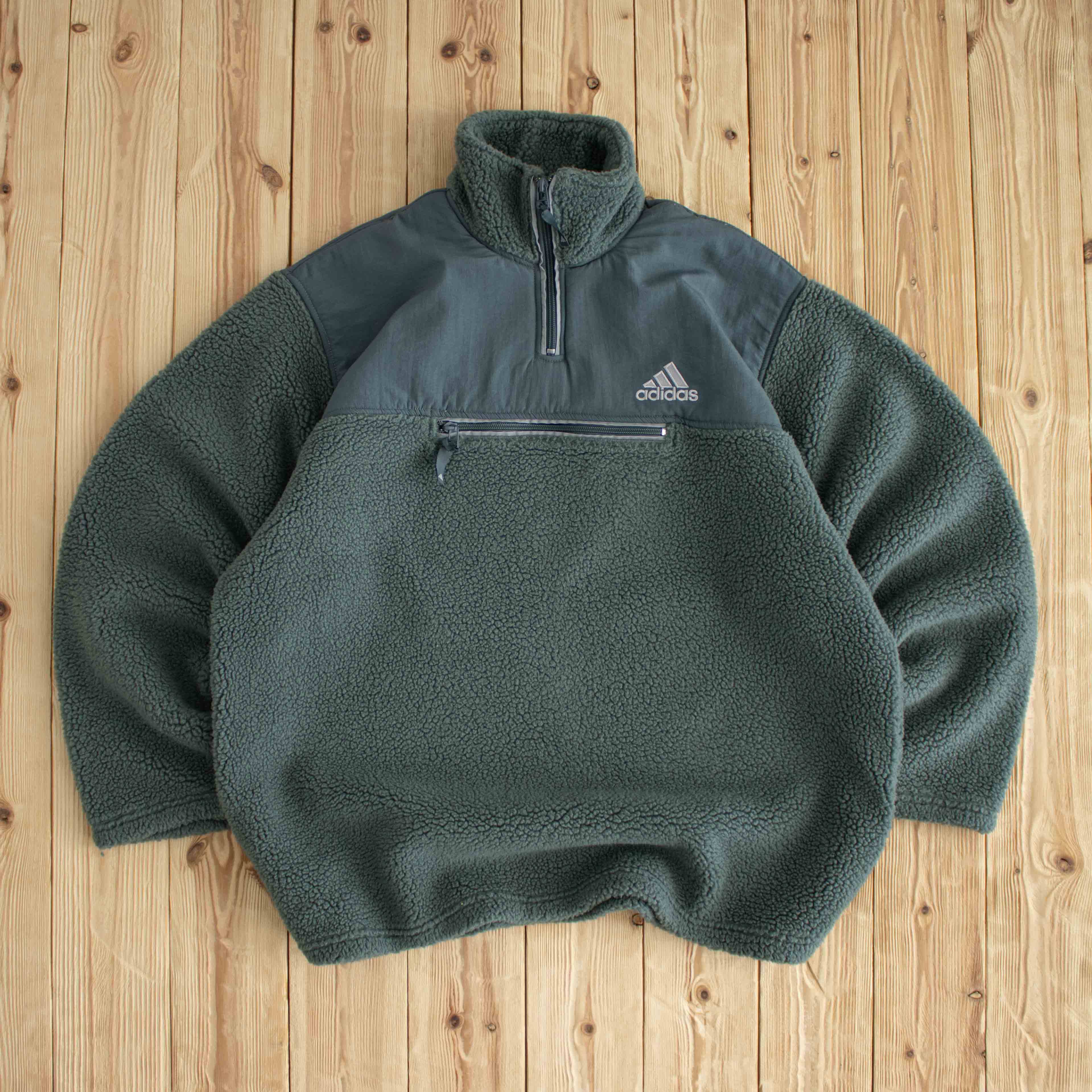 (L) Adidas Vintage Embroidered Kangaroo Fleece Quarter-Zip Green