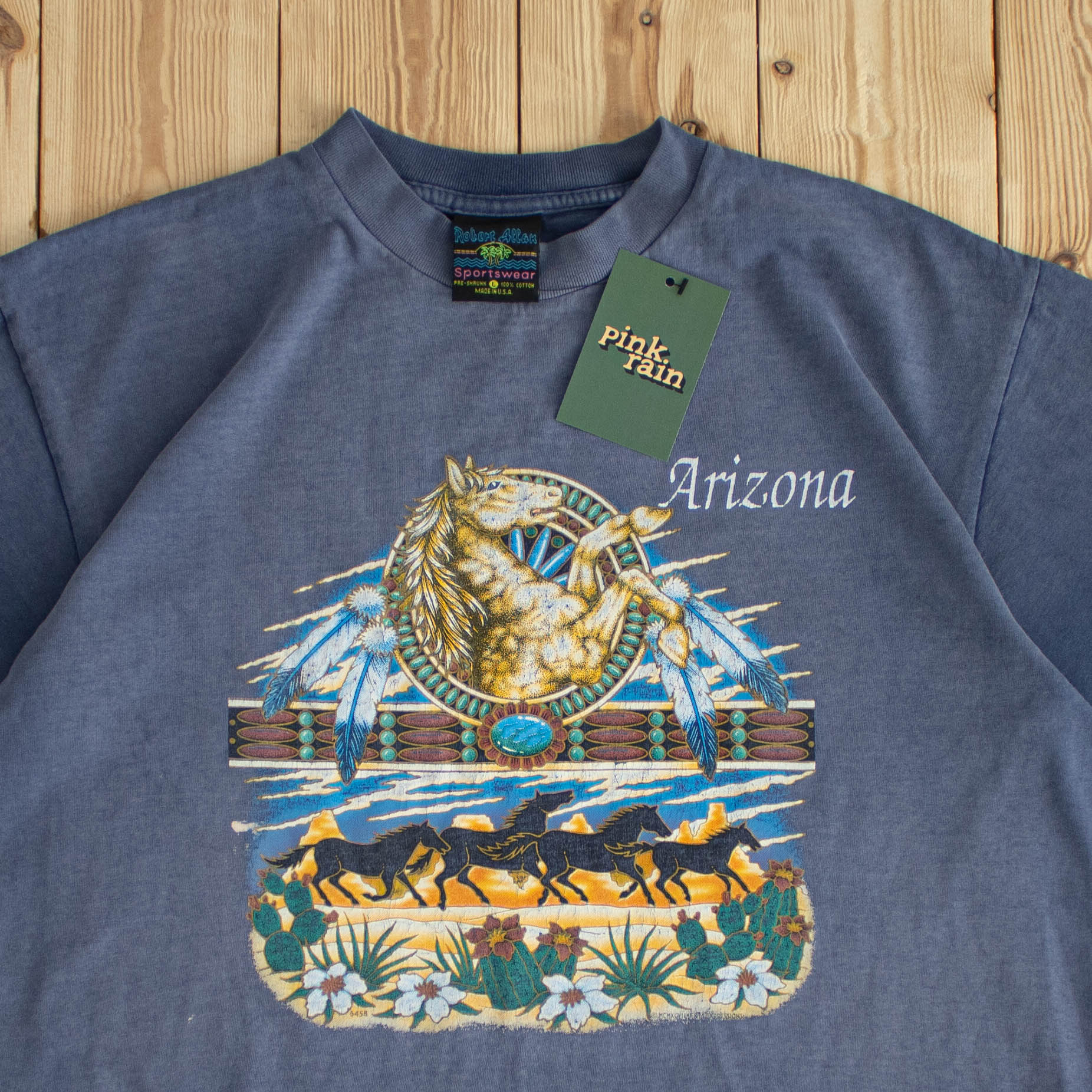 (S/M) Arizona Vintage Single Stitch Sun Faded T-Shirt Blue