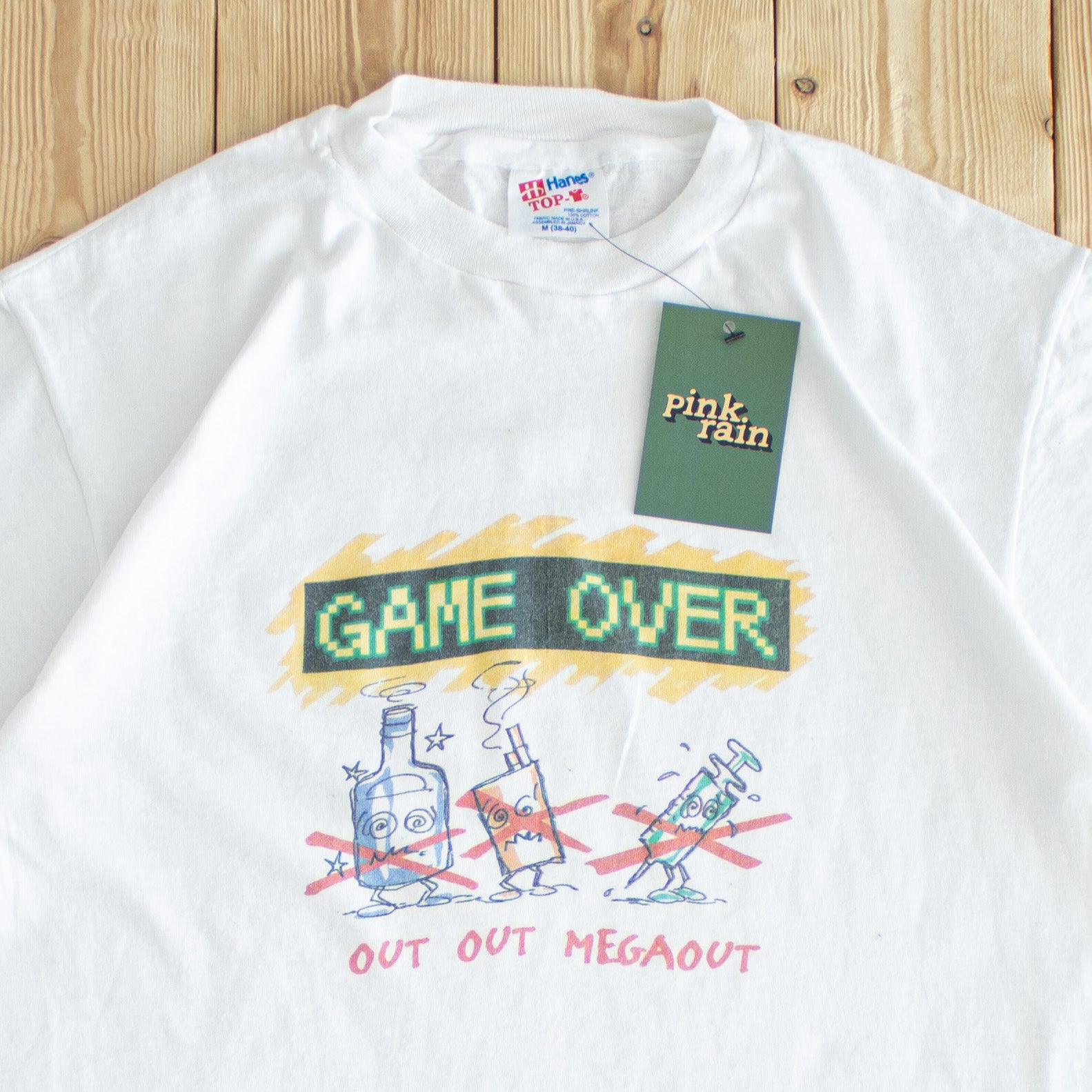 (S/M) Game Over Vintage Megaout Printed T-Shirt White