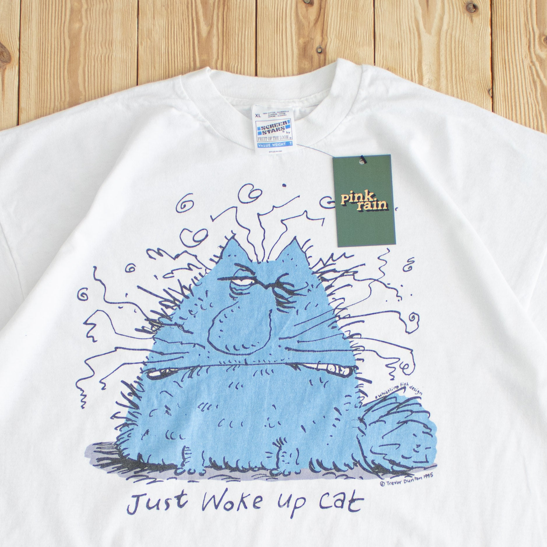 (L/XL) 1995 'Just Woke Up Cat' Vintage T-Shirt White
