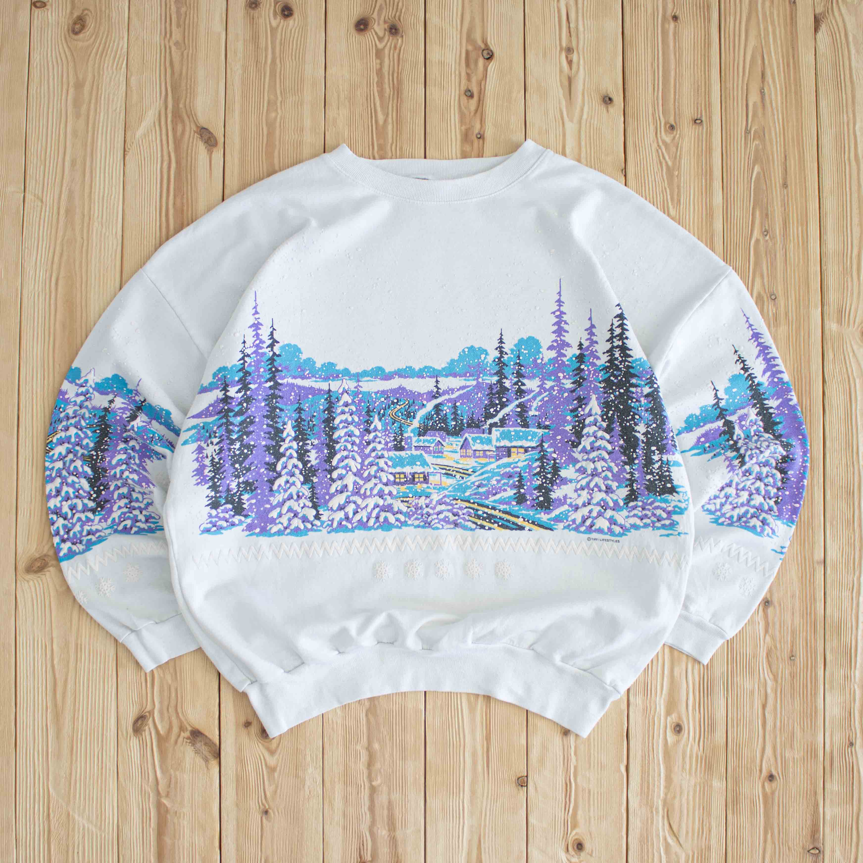 (M) 1991 Winter Scenic Vintage Puff Printed Sweatshirt White