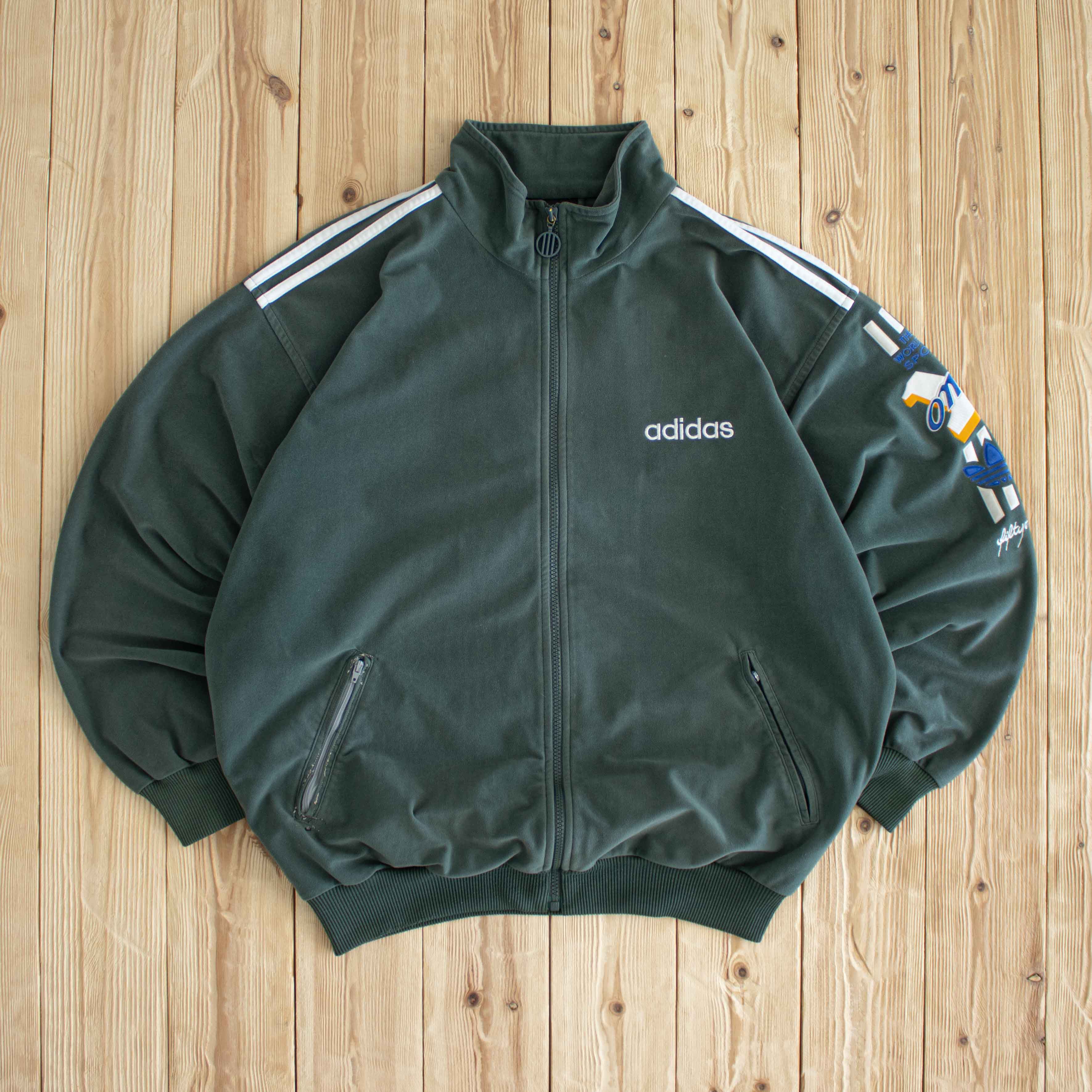 (L) Adidas One World Vintage Embroidered Full-Zip Sweatshirt Green