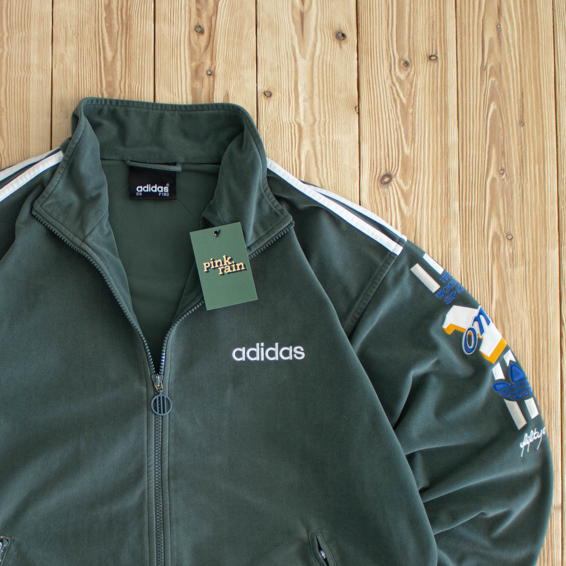 (L) Adidas One World Vintage Embroidered Full-Zip Sweatshirt Green