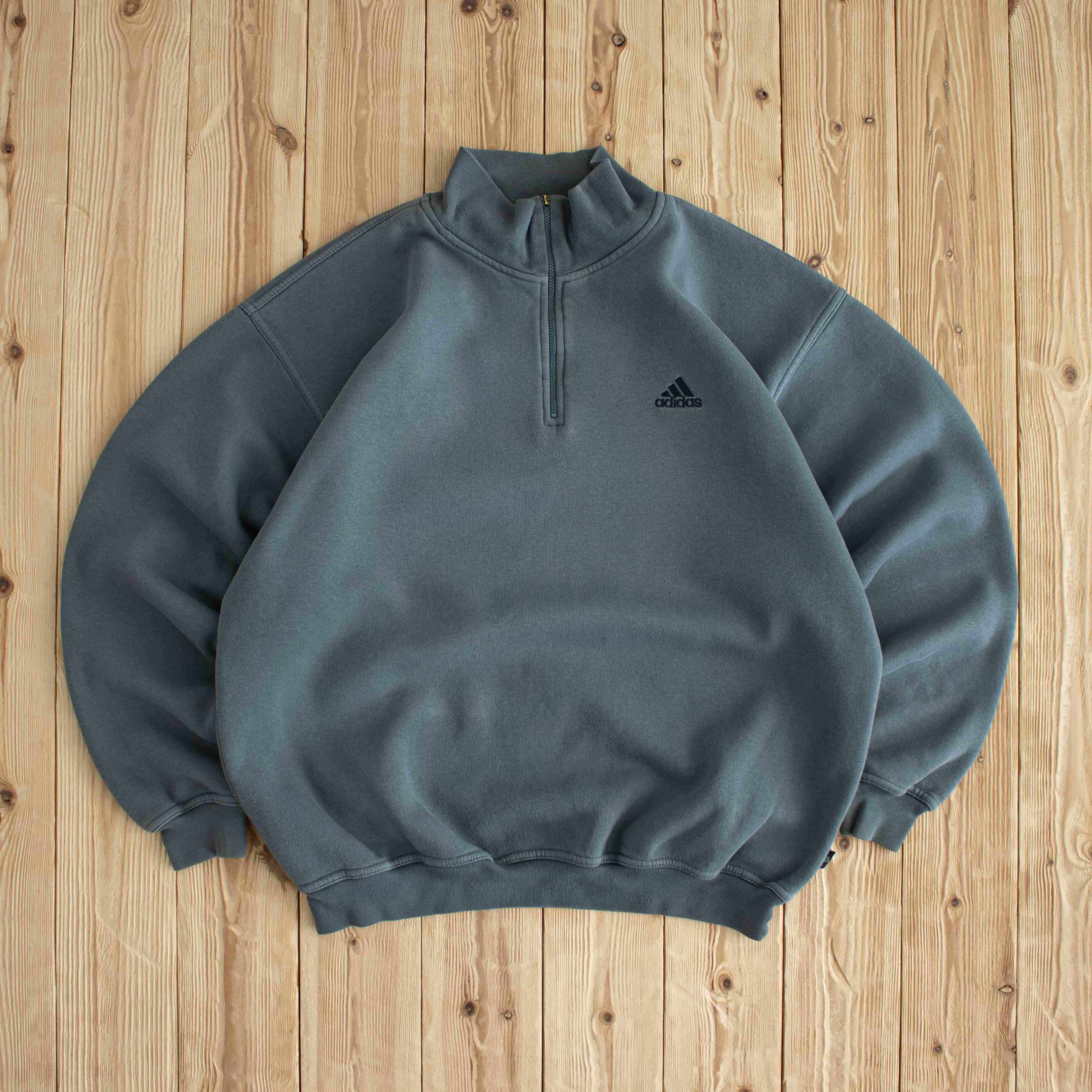 (L) Adidas Vintage Essential Embroidered Quarter-Zip Blue Green