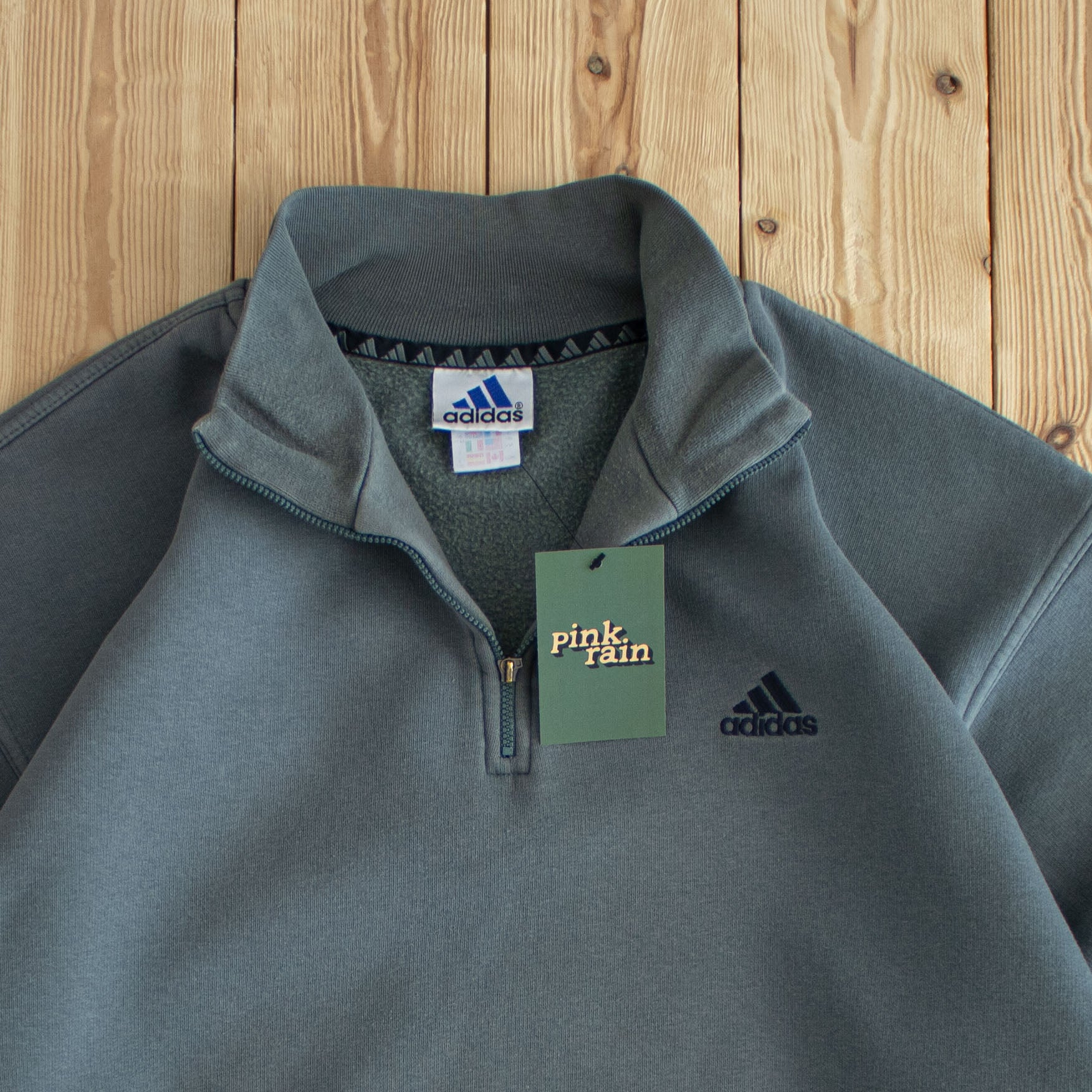 (L) Adidas Vintage Essential Embroidered Quarter-Zip Blue Green