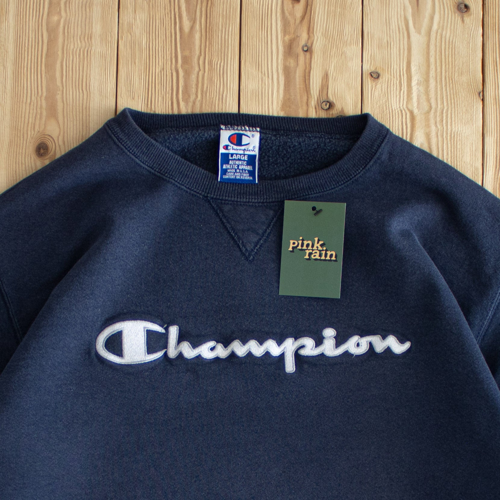 (M) Champion Spell Out Vintage Embroidered Sweatshirt Blue