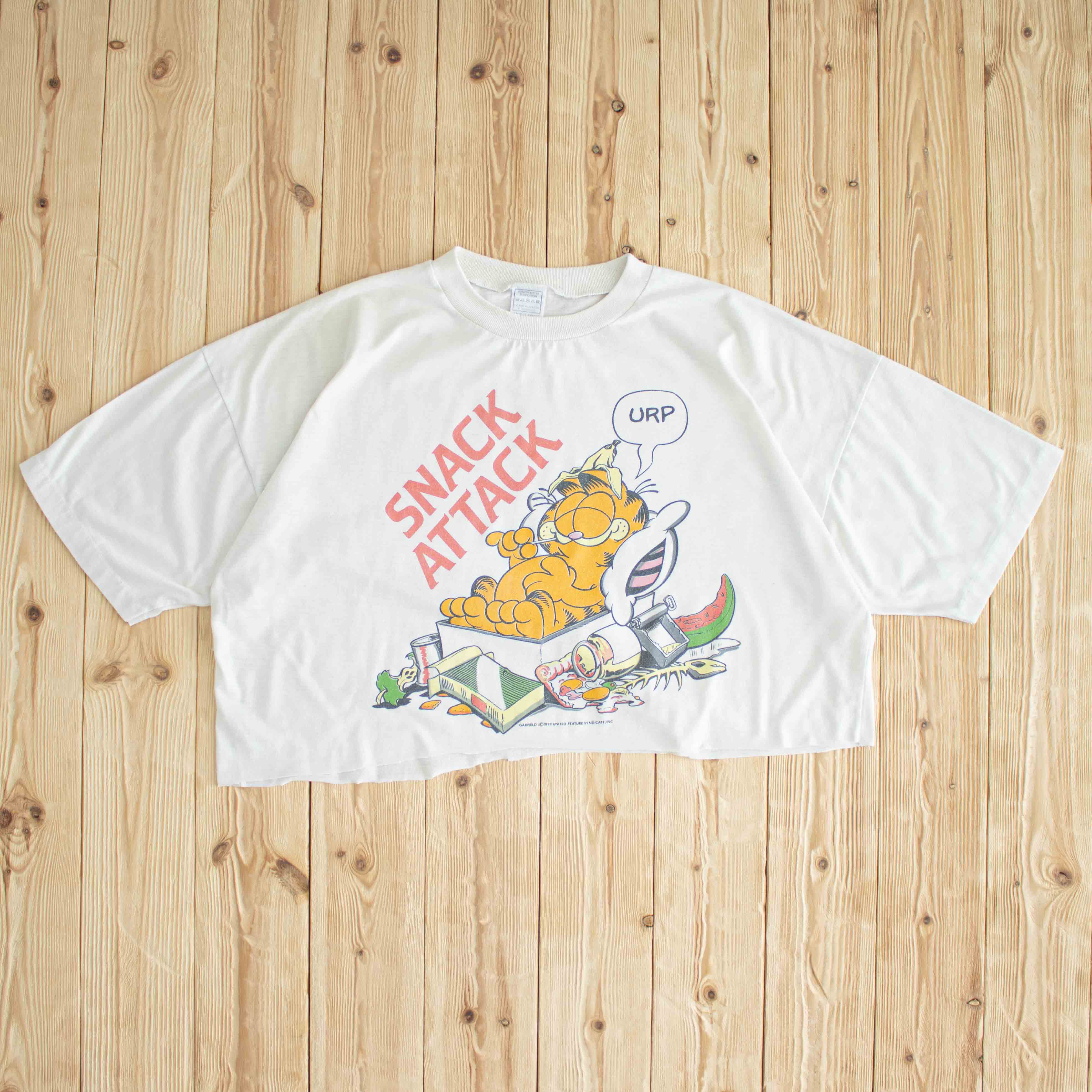 (L/XL) 80s Single Stitch Garfield Vintage Cropped T-Shirt White