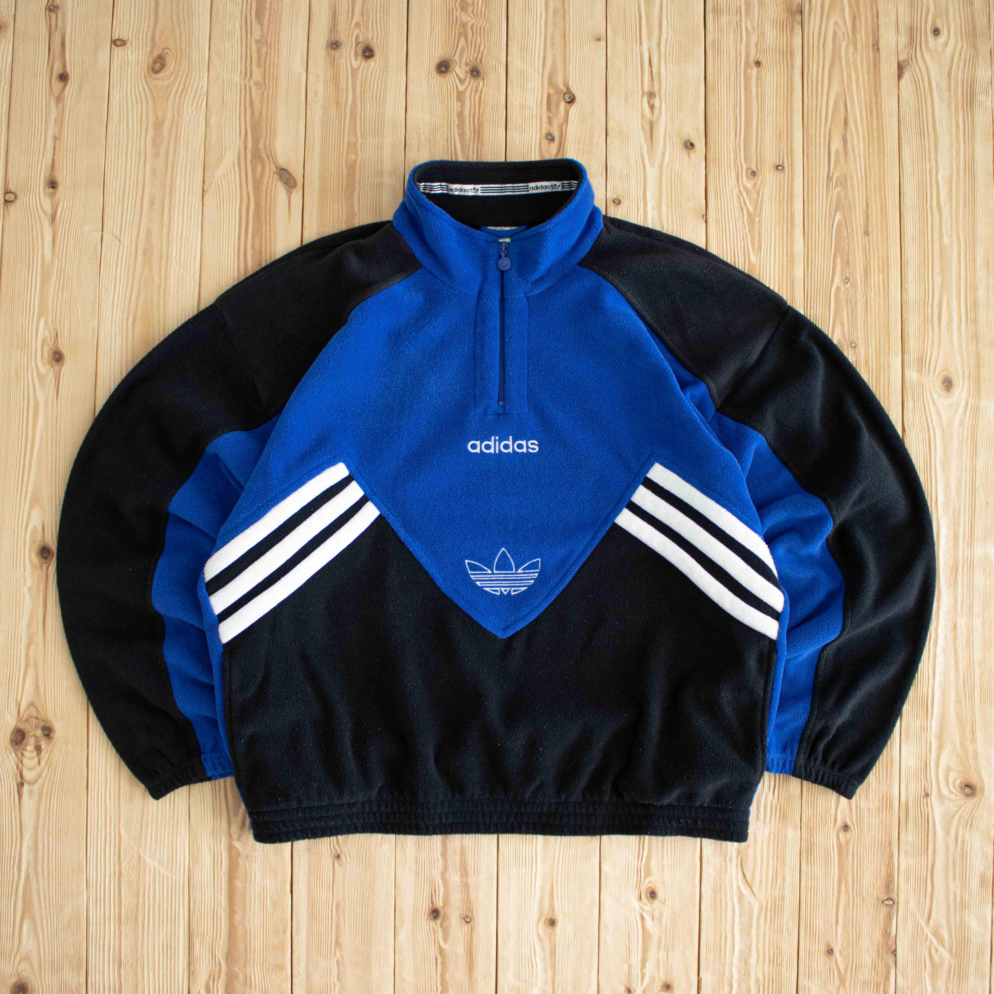 (L/XL) Adidas Vintage Embroidered Fleece Quarter-Zip Blue