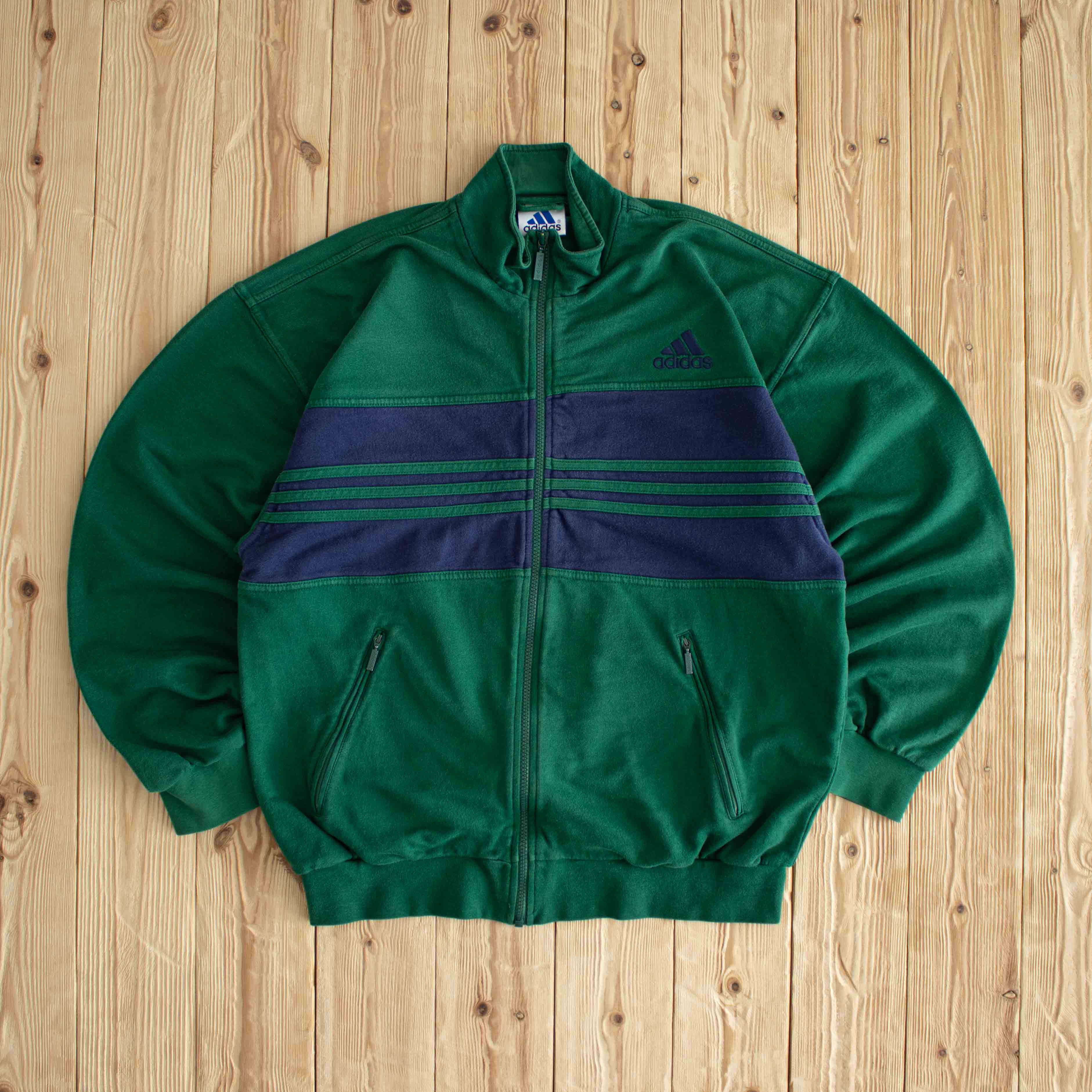 (M/L) Adidas Vintage Embroidered Full-Zip Sweatshirt Green