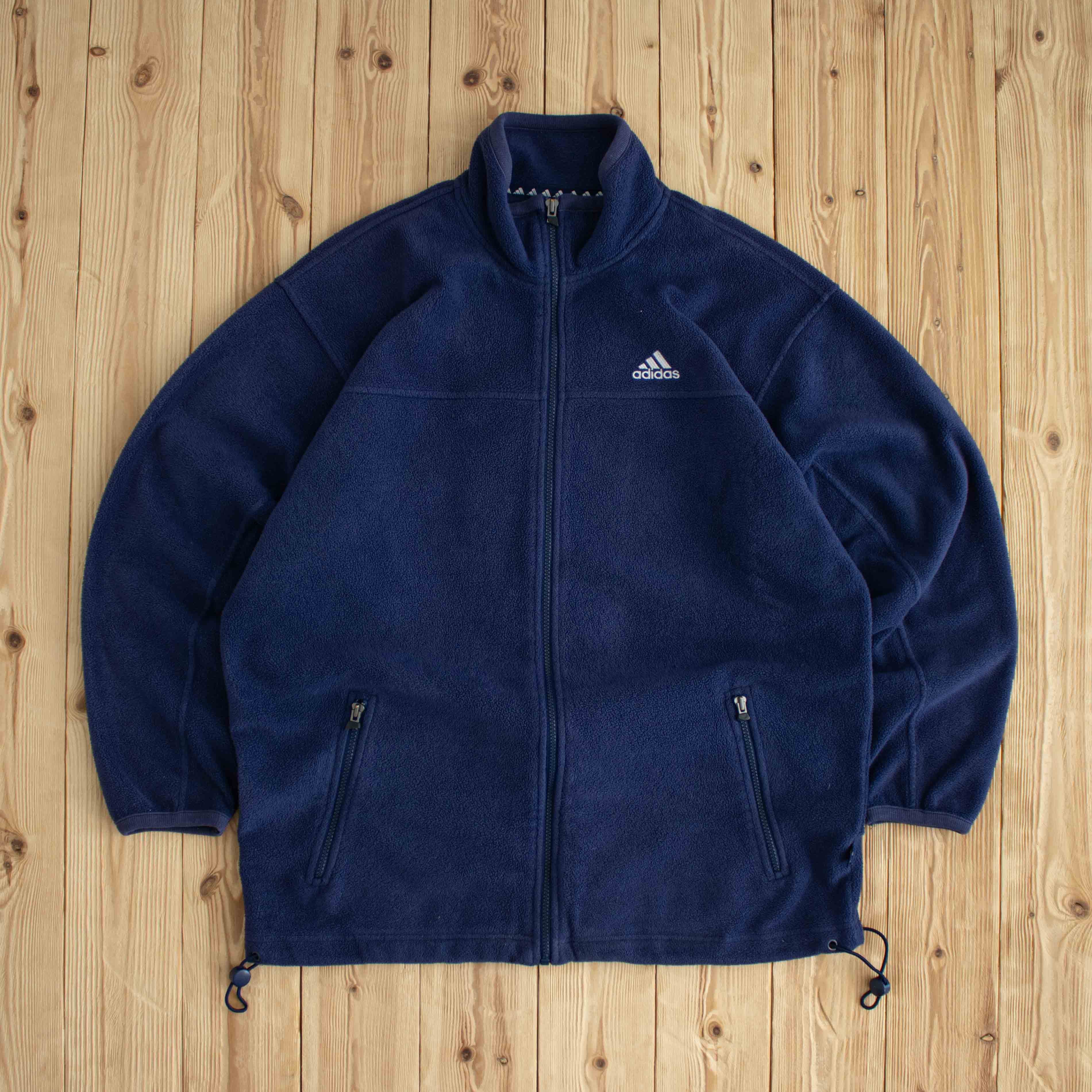 (L) Adidas Vintage Embroidered Full-Zip Fleece Sweatshirt Blue